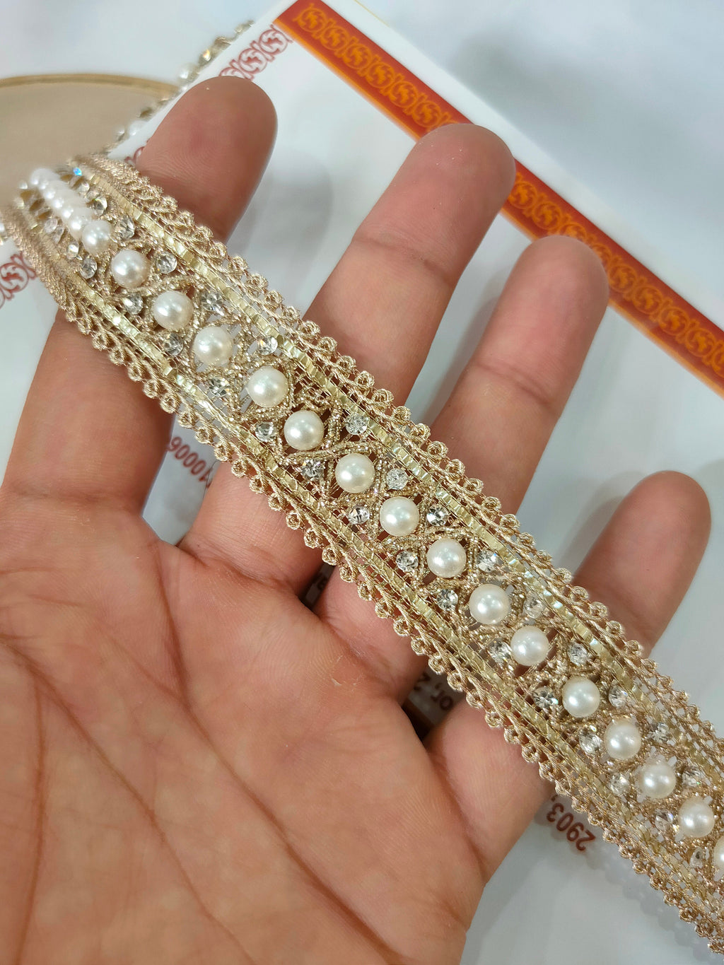 Golden Pearl & Zircon Trim Lace: Indian Embroidered Ribbon, 9 Yards