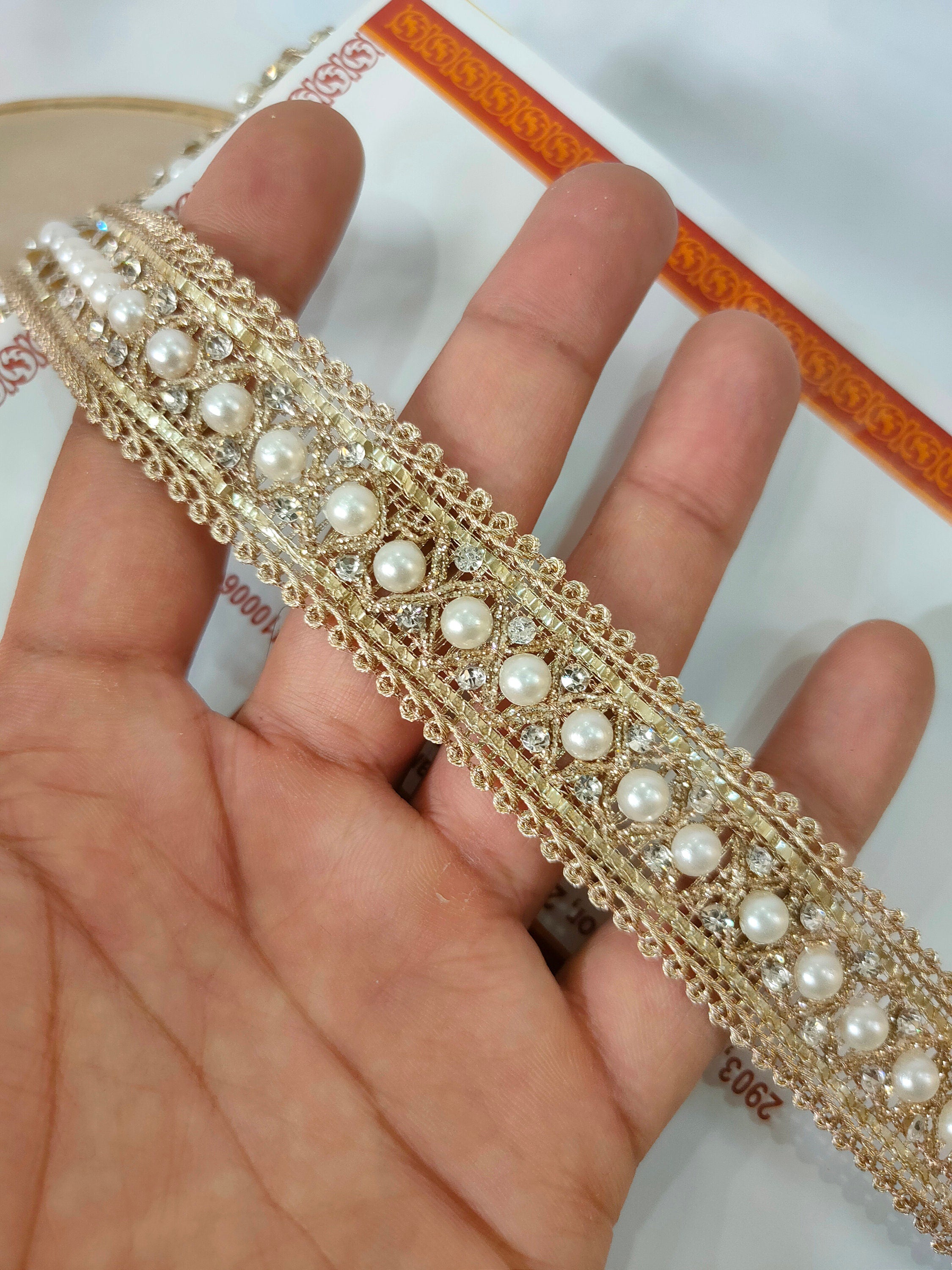 Golden Pearl & Zircon Trim Lace: Indian Embroidered Ribbon, 9 Yards