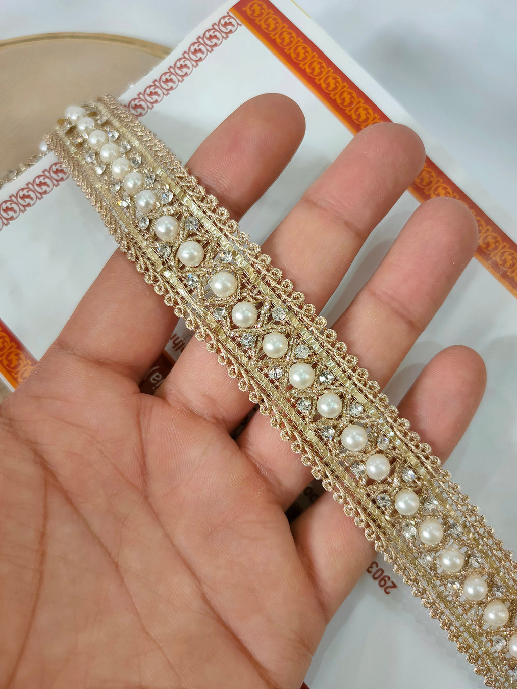 Golden Pearl & Zircon Trim Lace: Indian Embroidered Ribbon, 9 Yards