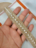 Golden Pearl & Zircon Trim Lace: Indian Embroidered Ribbon, 9 Yards