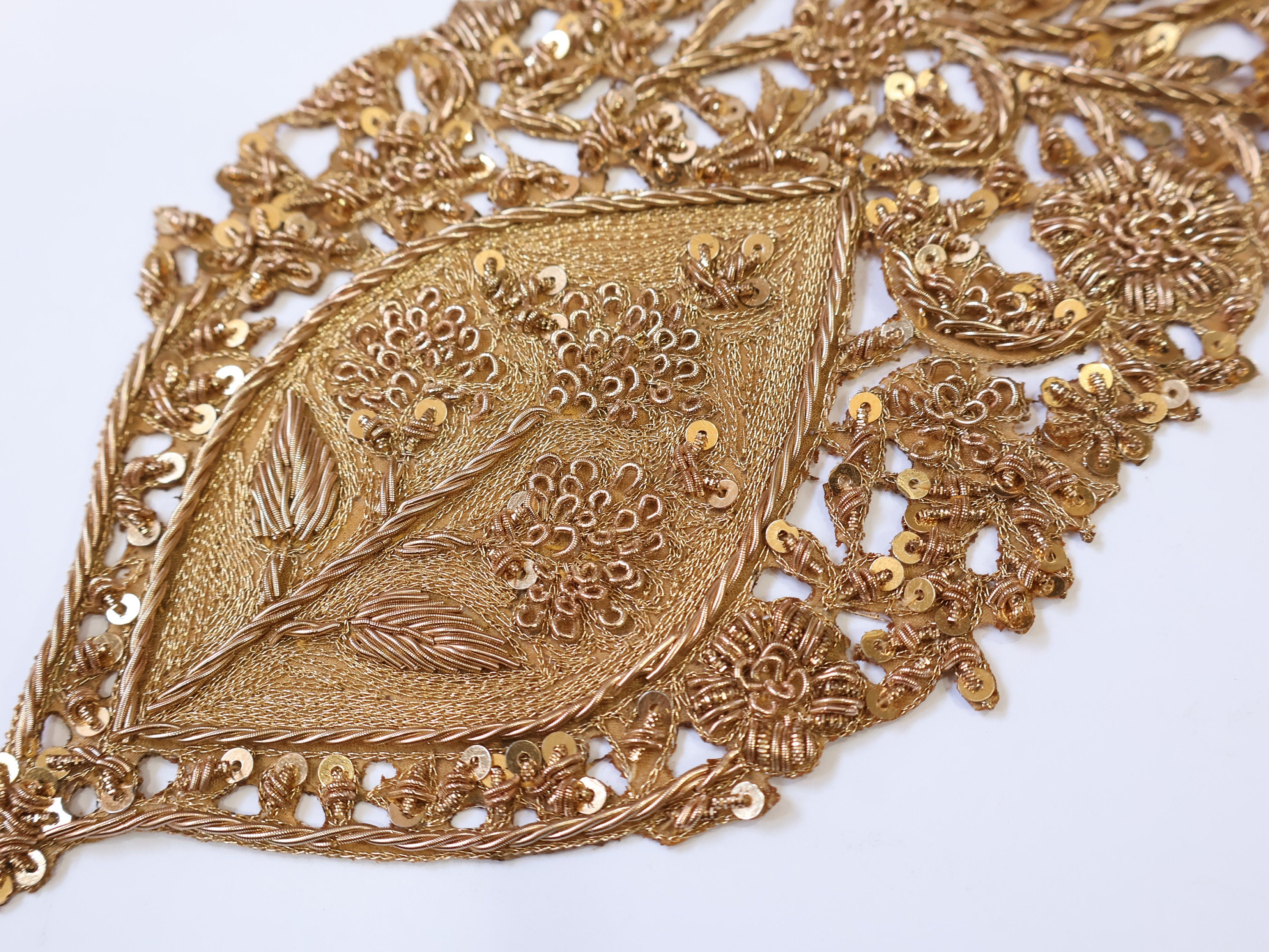 Golden Leaf Zardozi Embroidered Applique Patch, Indian Handcrafted Patchwork