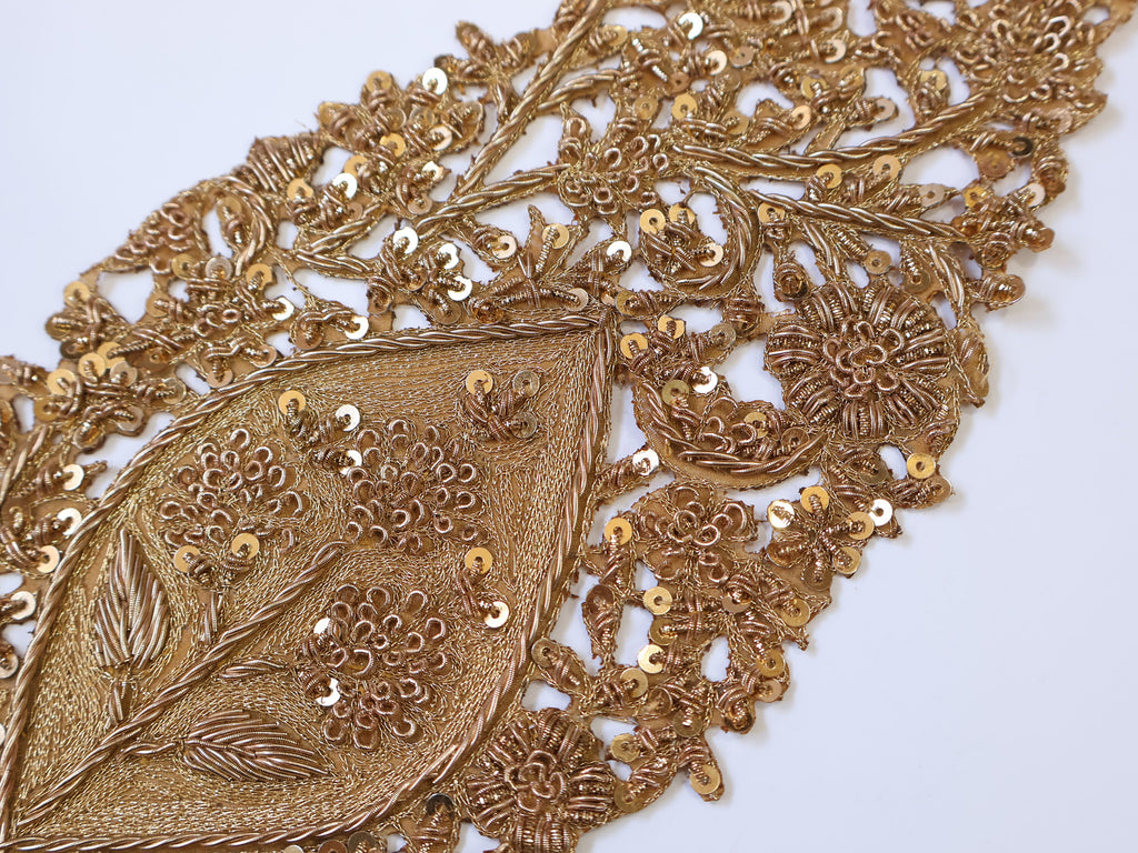 Golden Leaf Zardozi Embroidered Applique Patch, Indian Handcrafted Patchwork