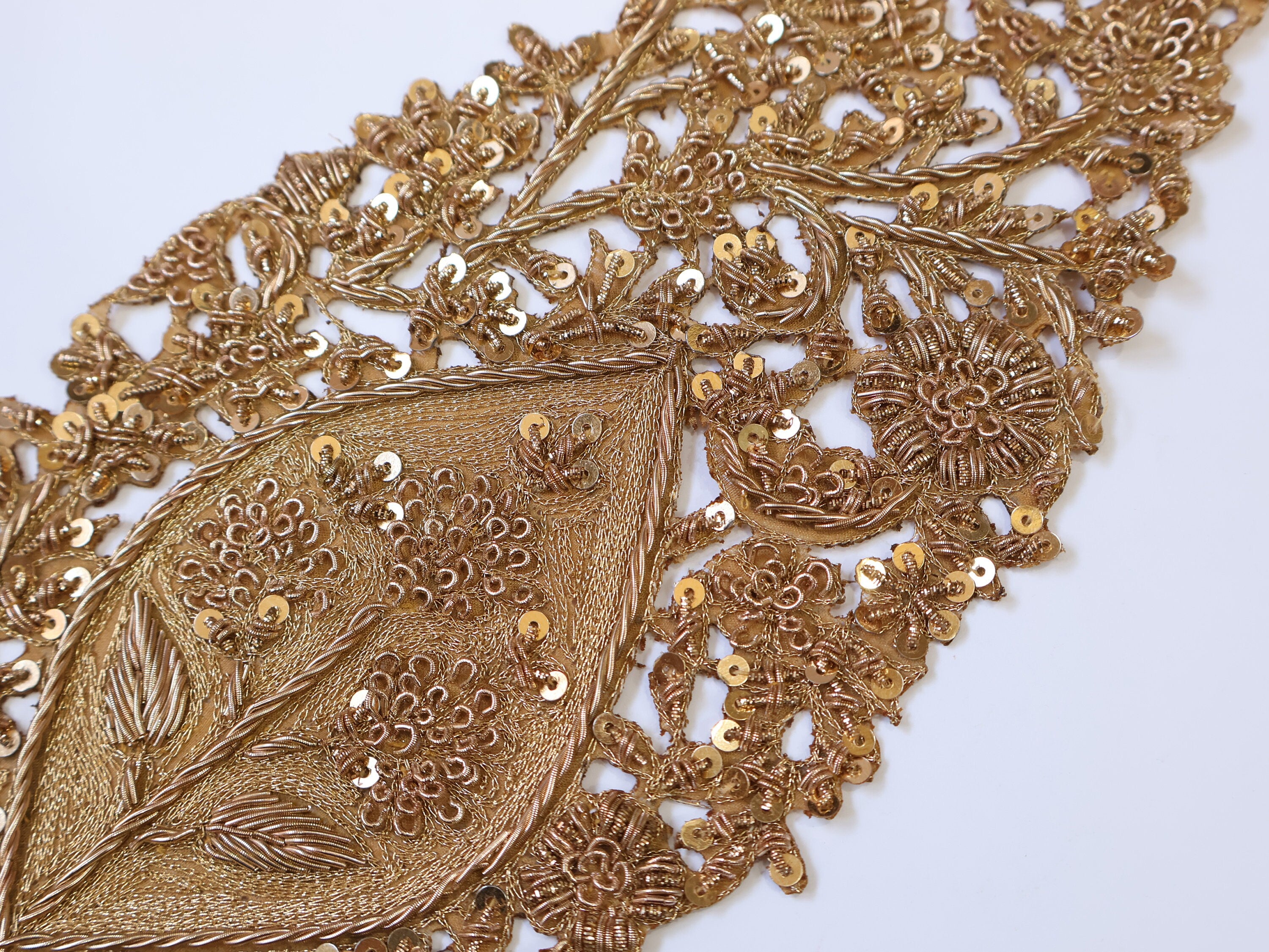 Golden Leaf Zardozi Embroidered Applique Patch, Indian Handcrafted Patchwork