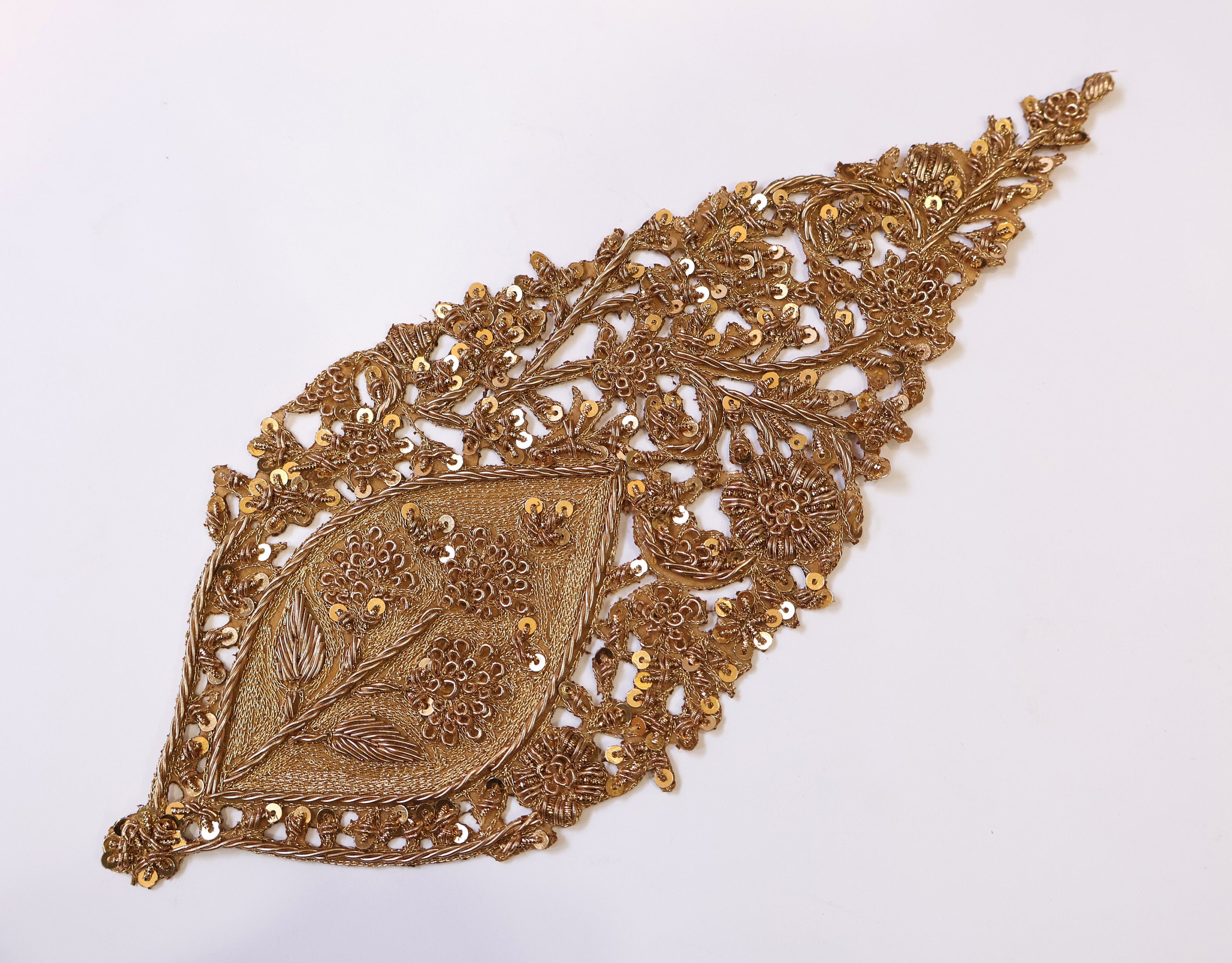 Golden Leaf Zardozi Embroidered Applique Patch, Indian Handcrafted Patchwork