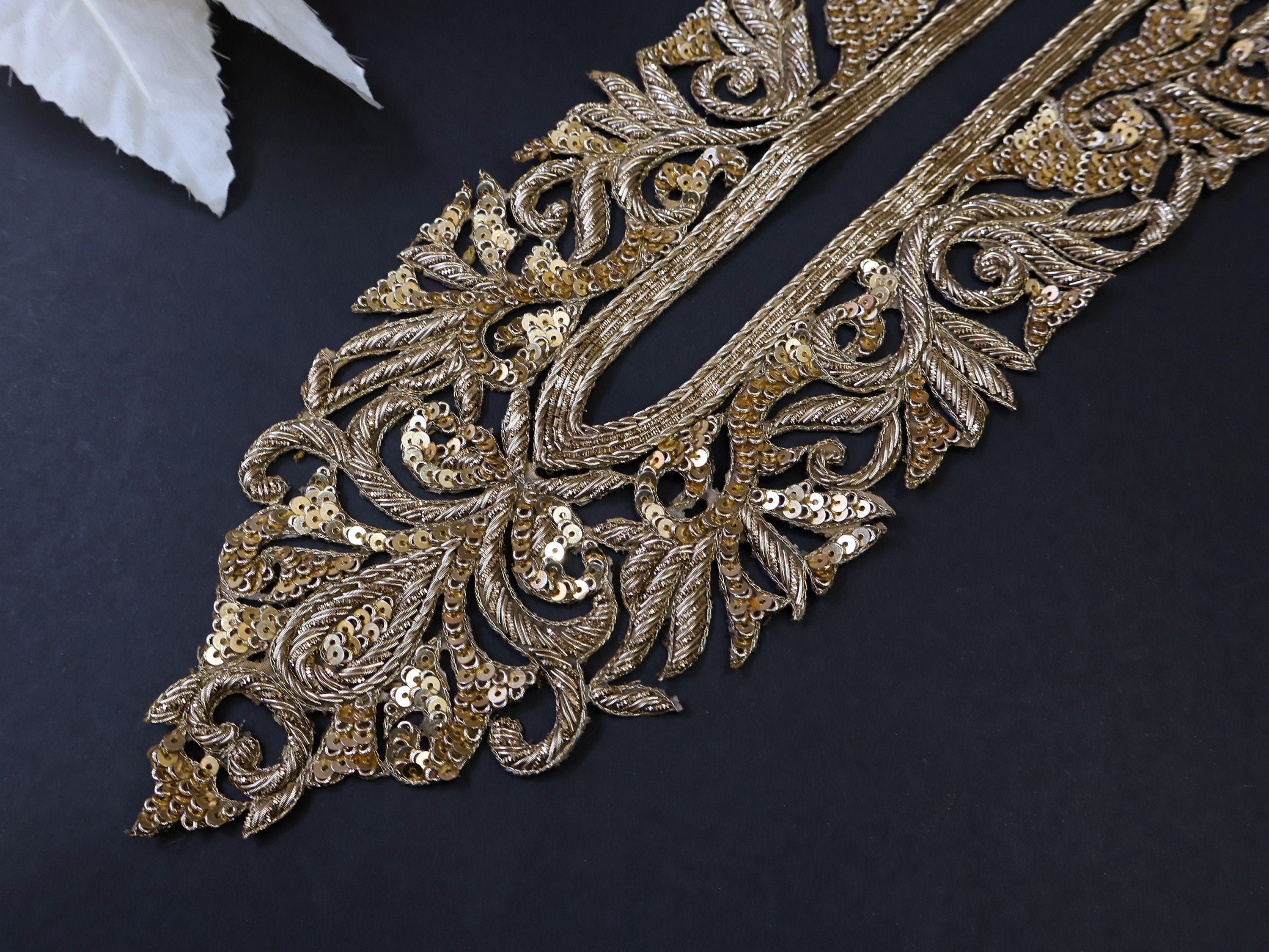 Embroidered Gold Zardozi Neckline Patch with Sleeves: Indian Applique Set