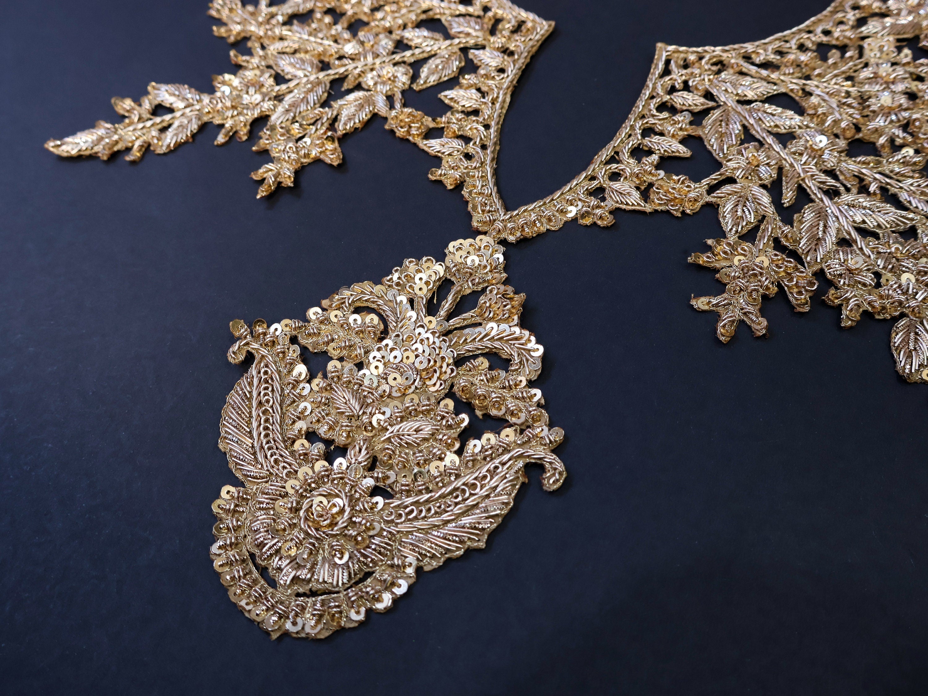 Embroidered Gold Neckline Collar Patch: Indian Zardozi Applique