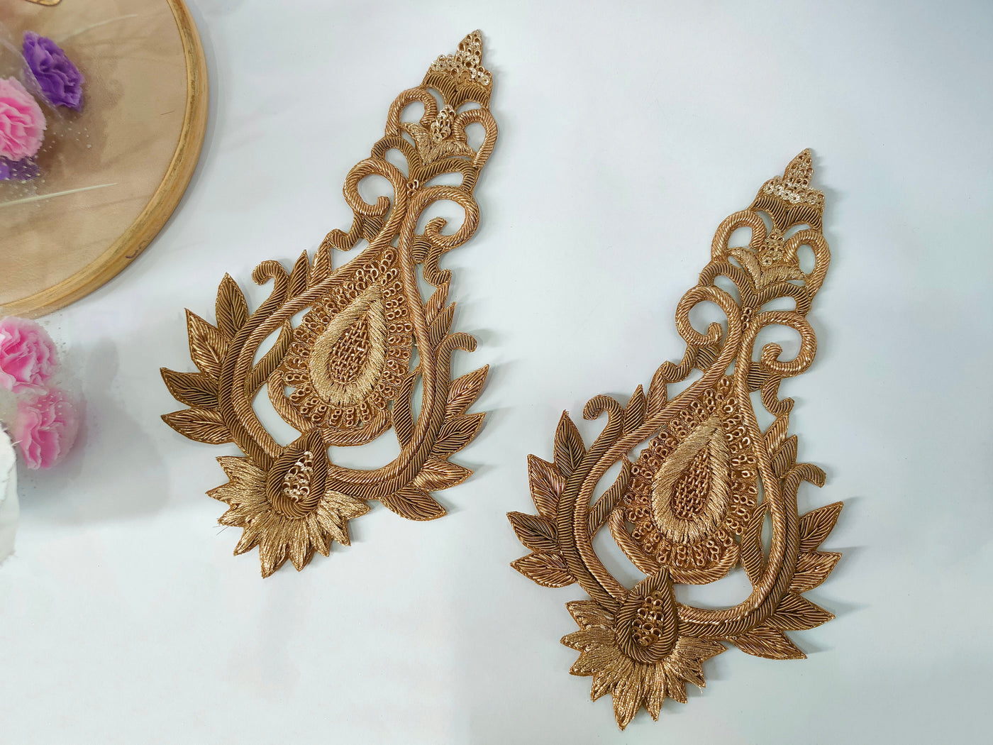 1 Pair - Antique Golden Kalash Sew On Zardozi Embroidered Patch