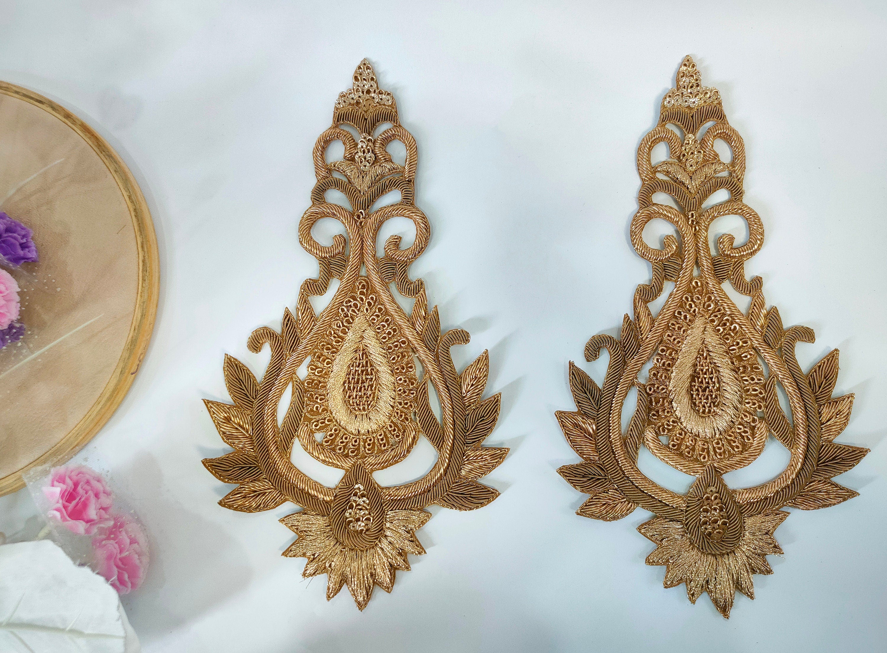 Antique Golden Kalash Zardozi Embroidered Patches: Indian Sari Appliques