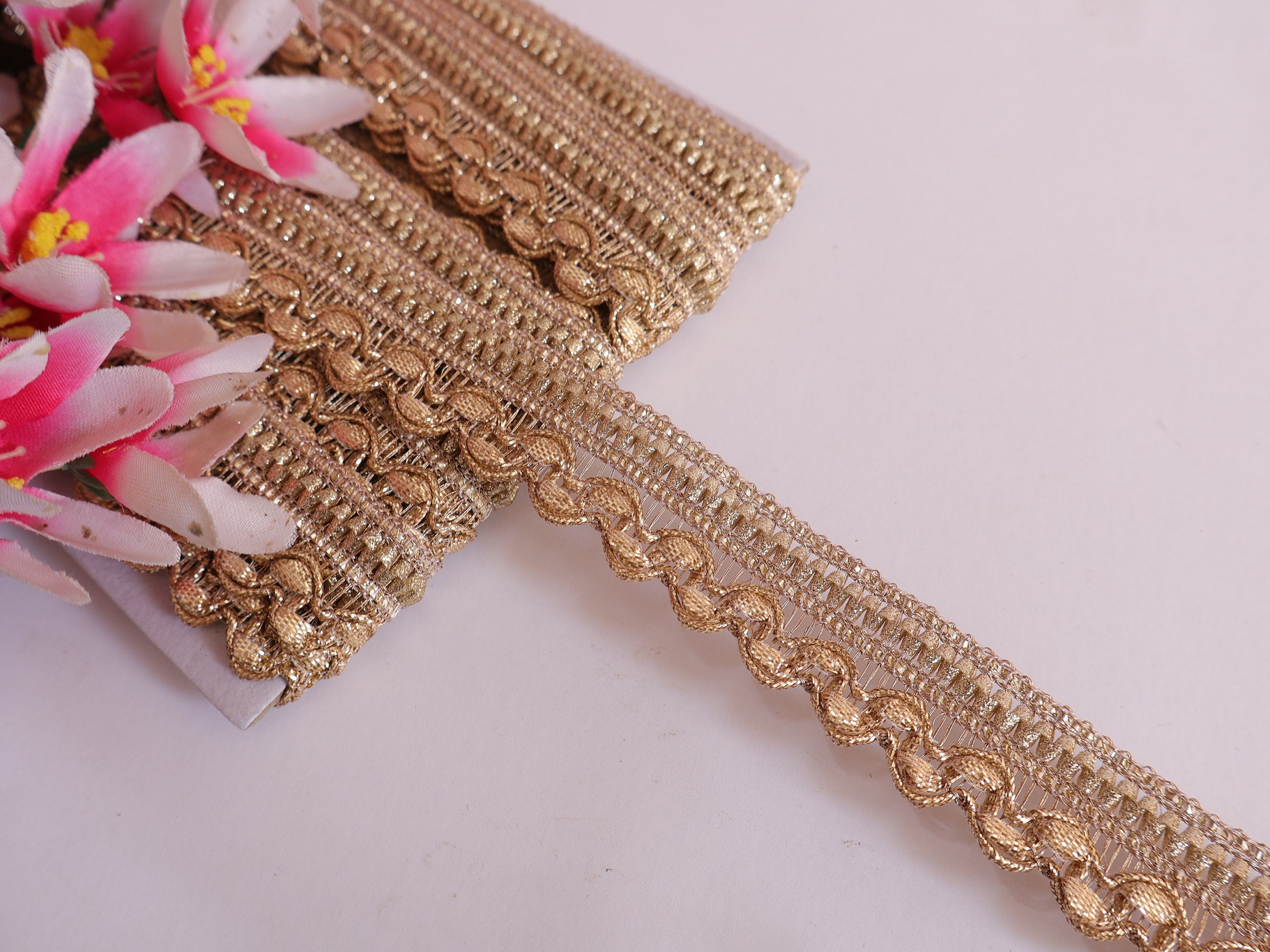 Golden Zari Embroidered Ribbon Lace - Indian Sewing Trim, 9 Yards