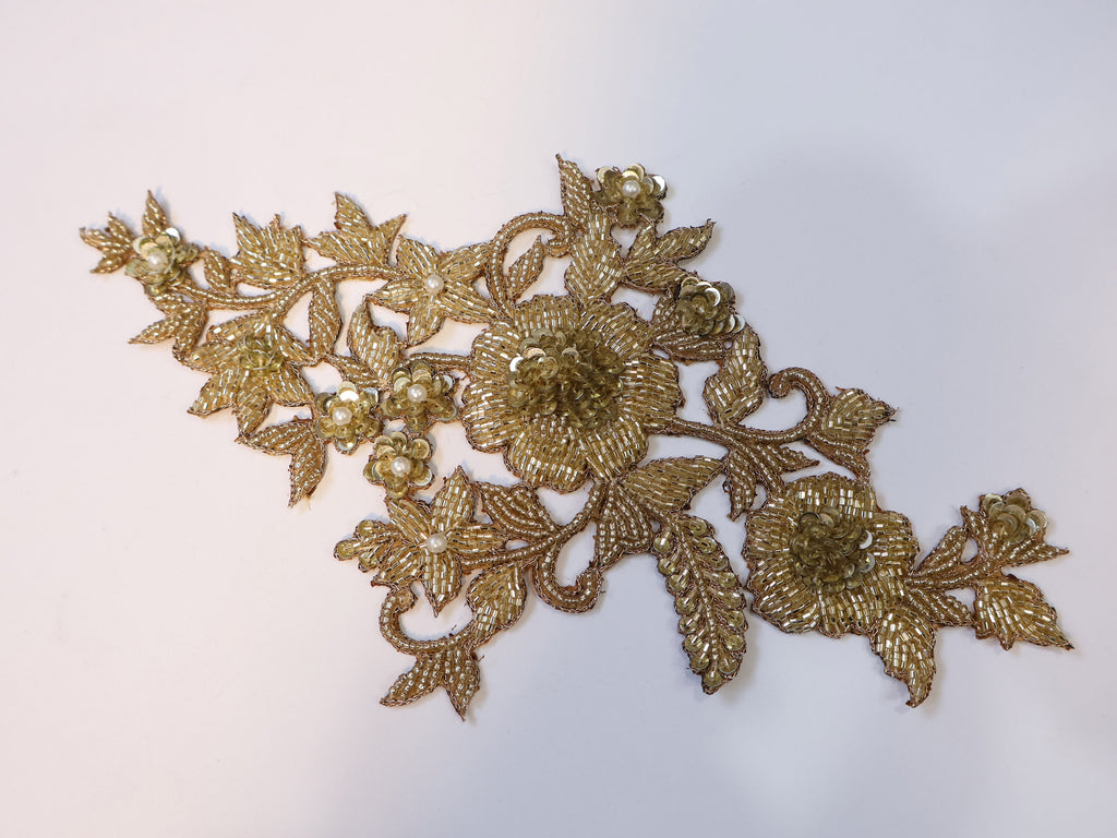 Embroidered Floral Applique: Silver & Gold Glass Bead Patch