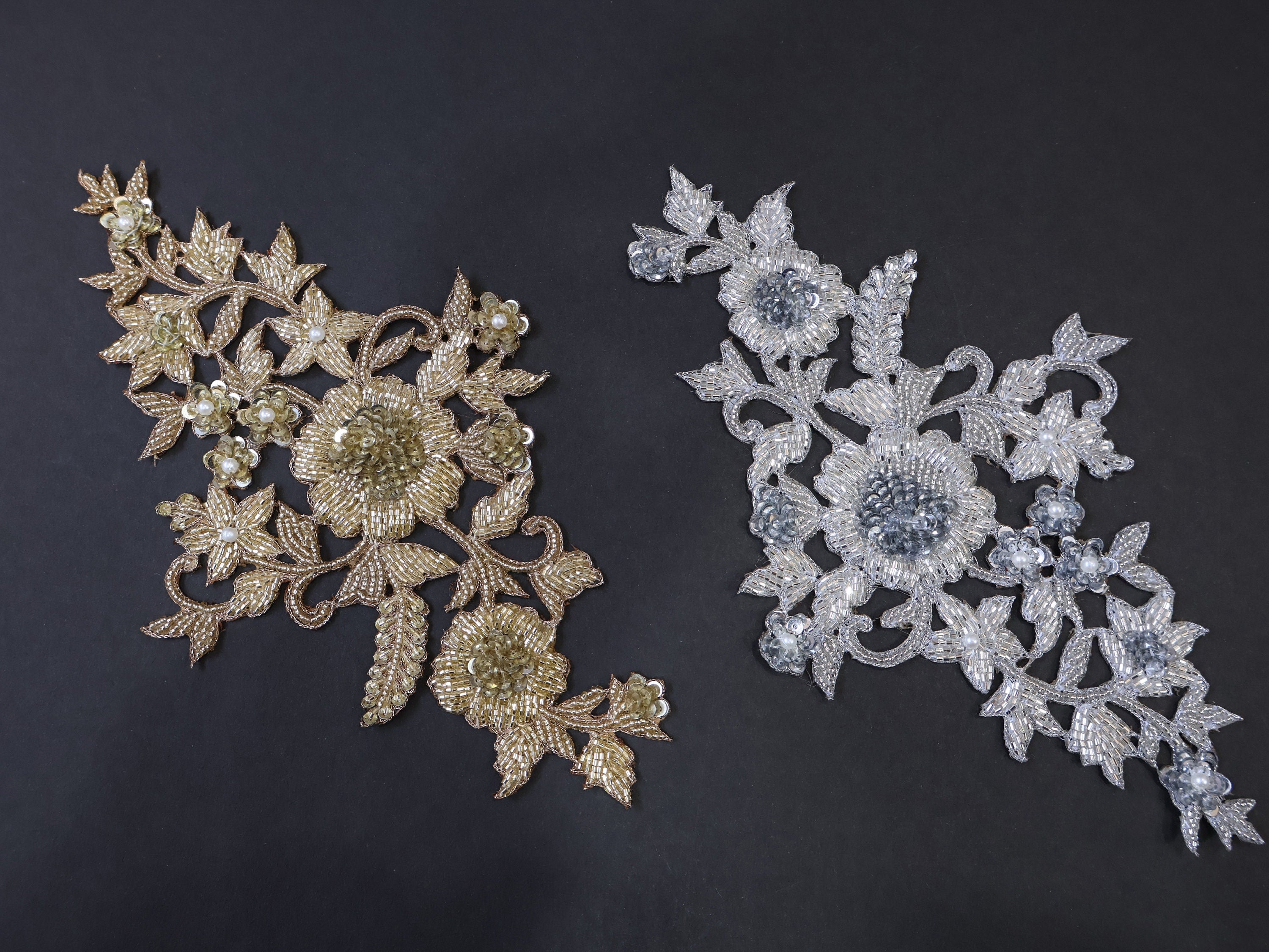 Embroidered Floral Applique: Silver & Gold Glass Bead Patch