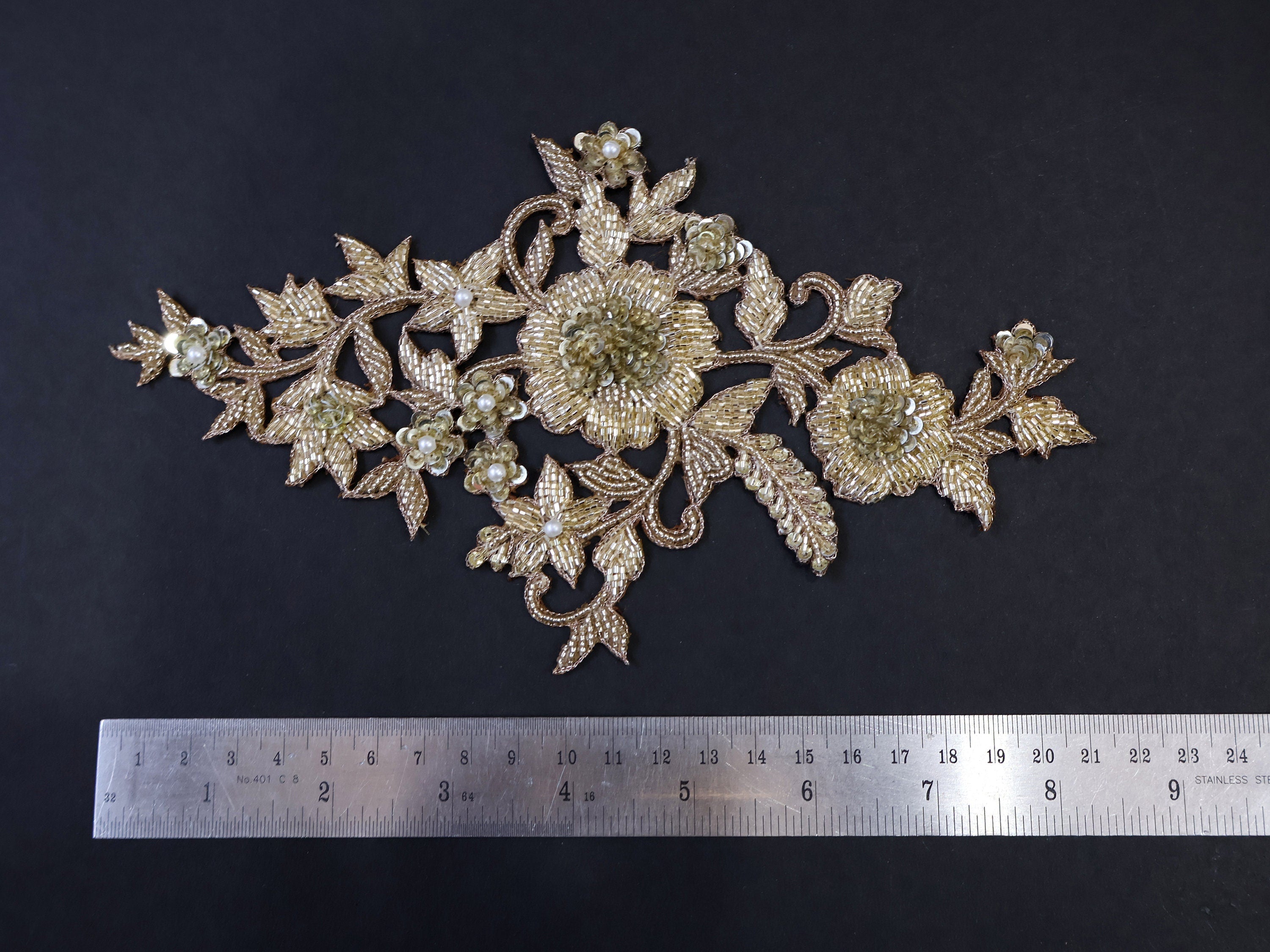 Embroidered Floral Applique: Silver & Gold Glass Bead Patch