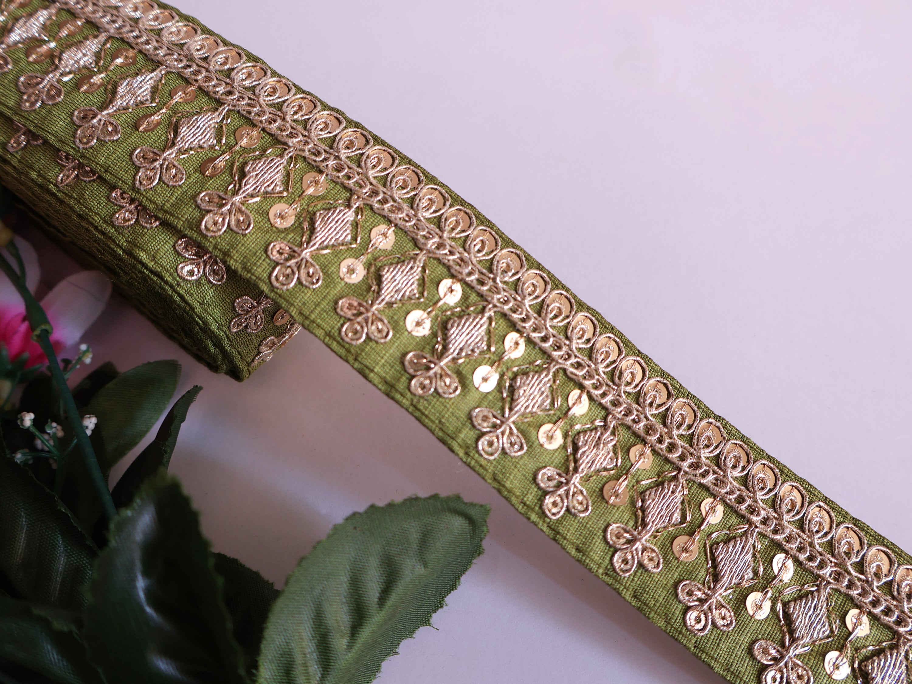 Forest Green & Golden Zari Sequin Lace Trim: Indian Embroidered Border (9 Yards)