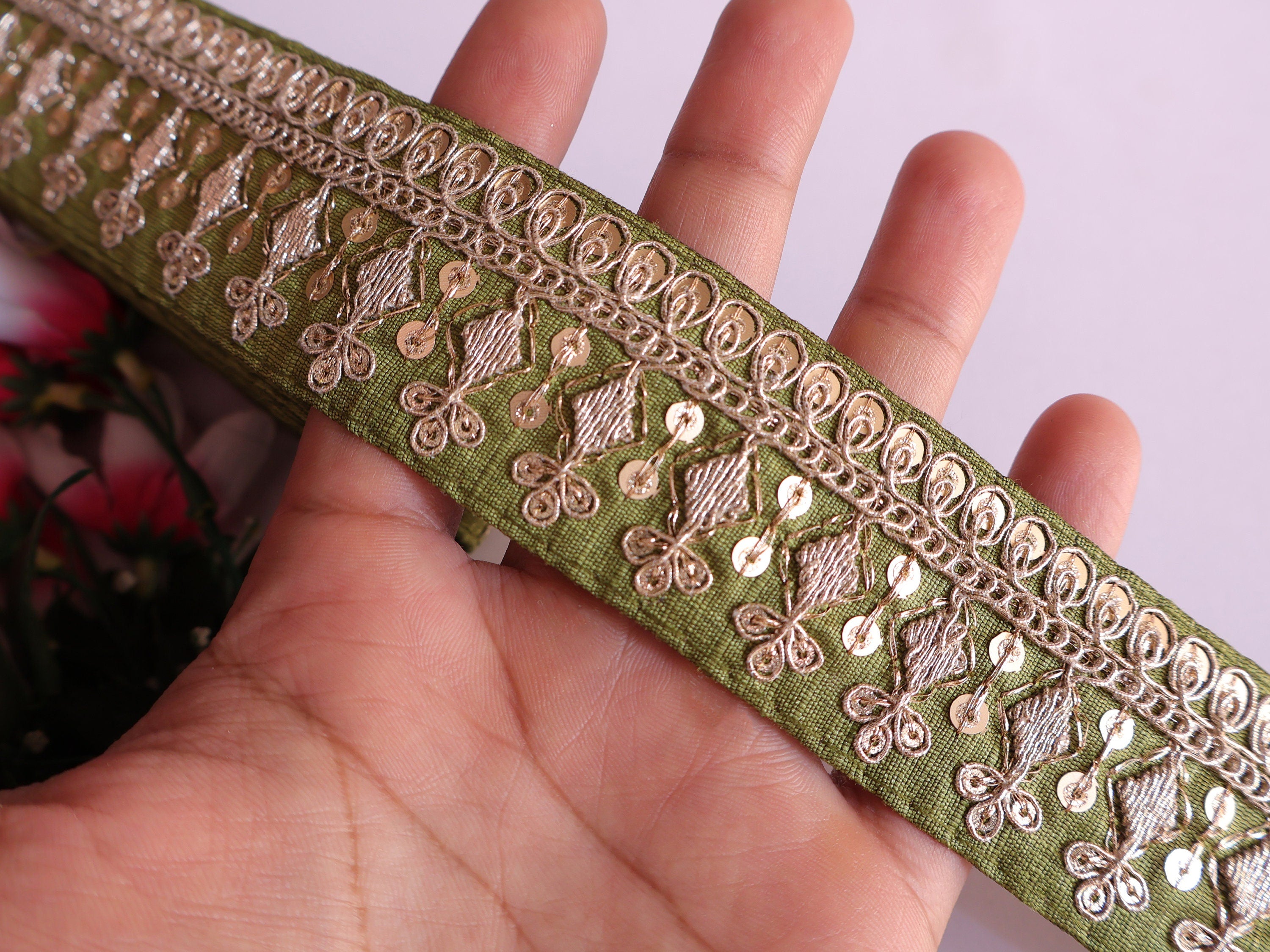 Forest Green & Golden Zari Sequin Lace Trim: Indian Embroidered Border (9 Yards)