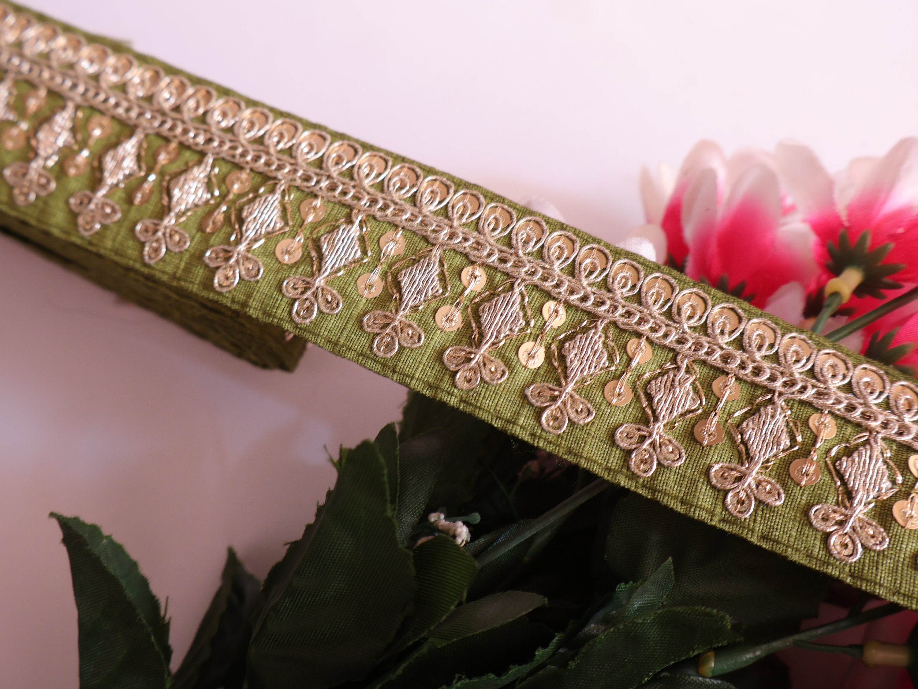 Forest Green & Golden Zari Sequin Lace Trim: Indian Embroidered Border (9 Yards)