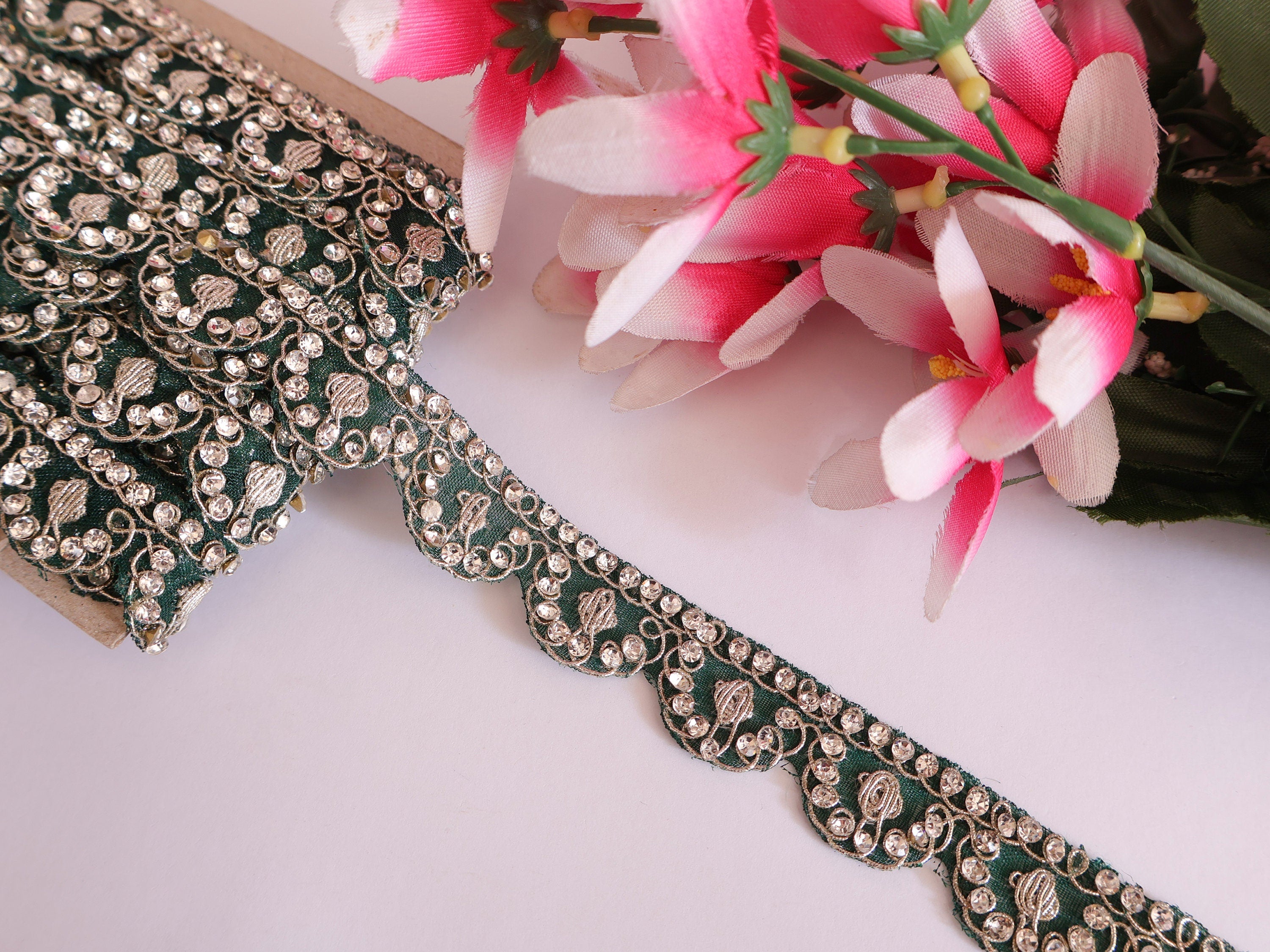 Rama Green Scalloped Zircon Zari Trim: Indian Sari Border Lace (9 Yards)