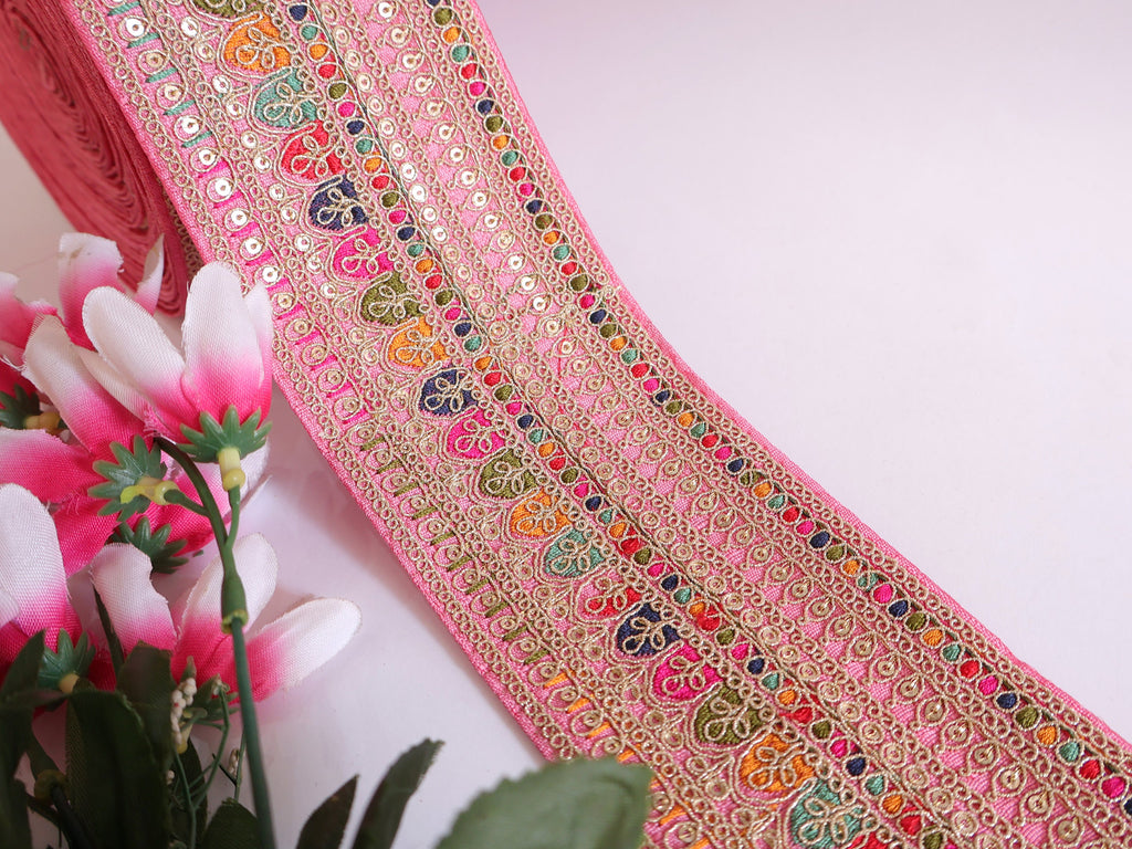 Pink Zari Sequin Embroidered Sari Border Trim: Indian Costume Lace (110cm)