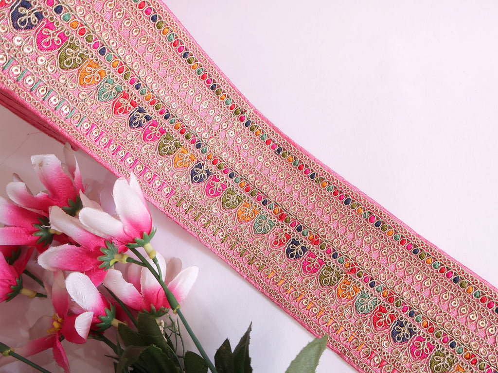 Pink Zari Sequin Embroidered Sari Border Trim: Indian Costume Lace (110cm)