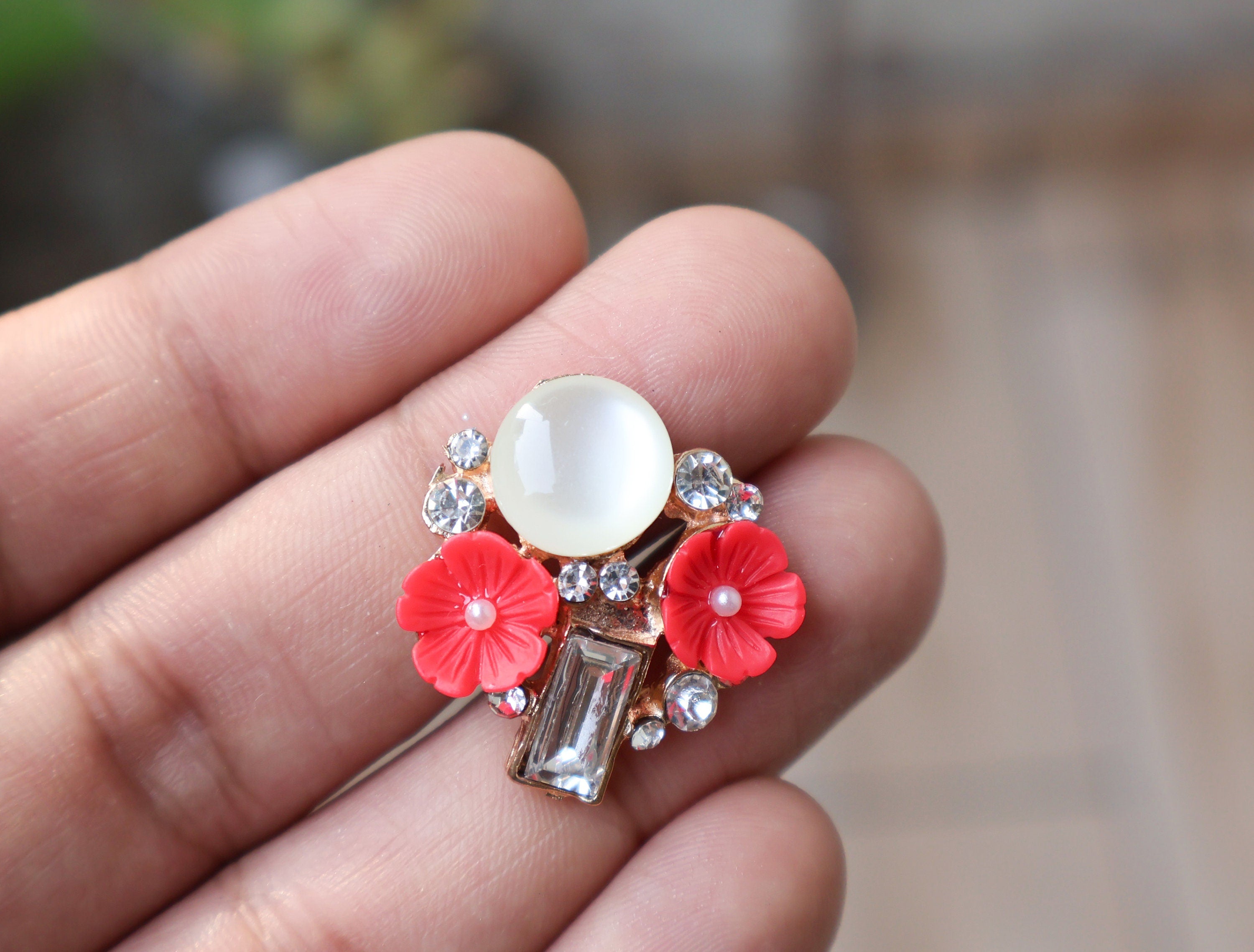 Floral Pearl & Crystal Buttons: Red Flower Embellishments (Pack of 5)
