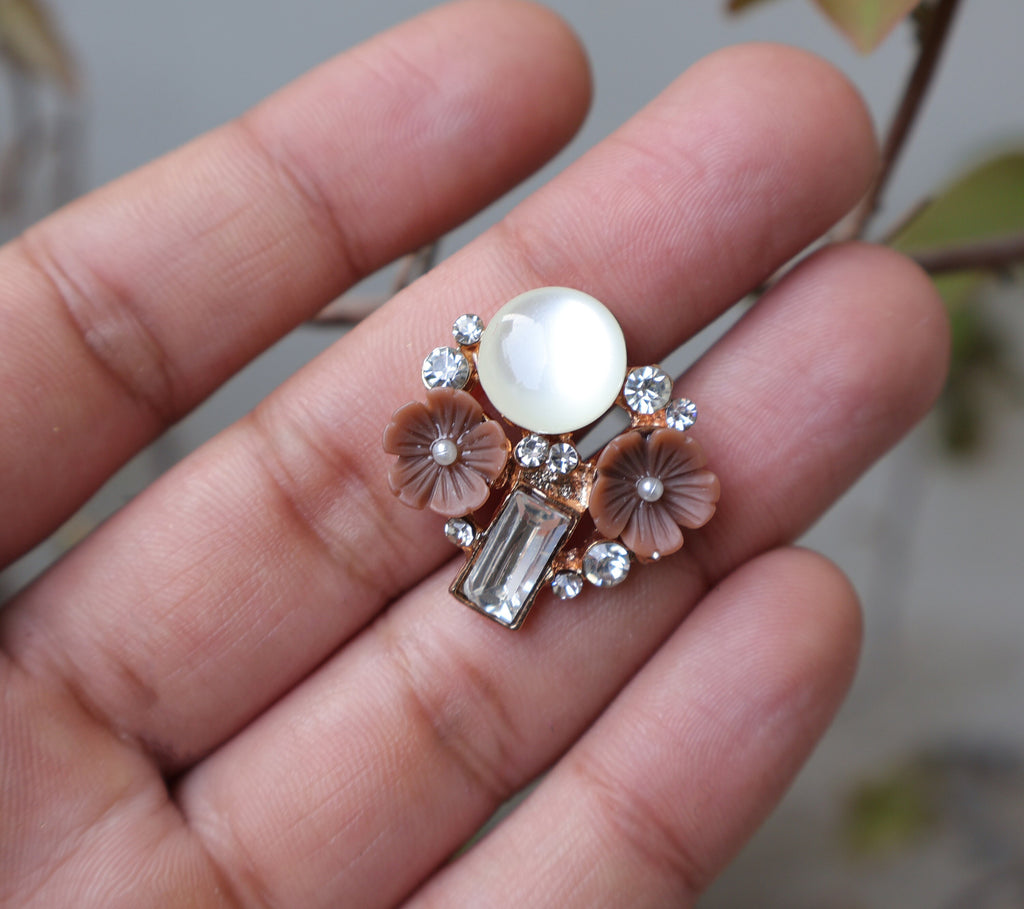 Floral Pearl & Crystal Buttons: Hazelnut Brown Embellishments - 5 Pack