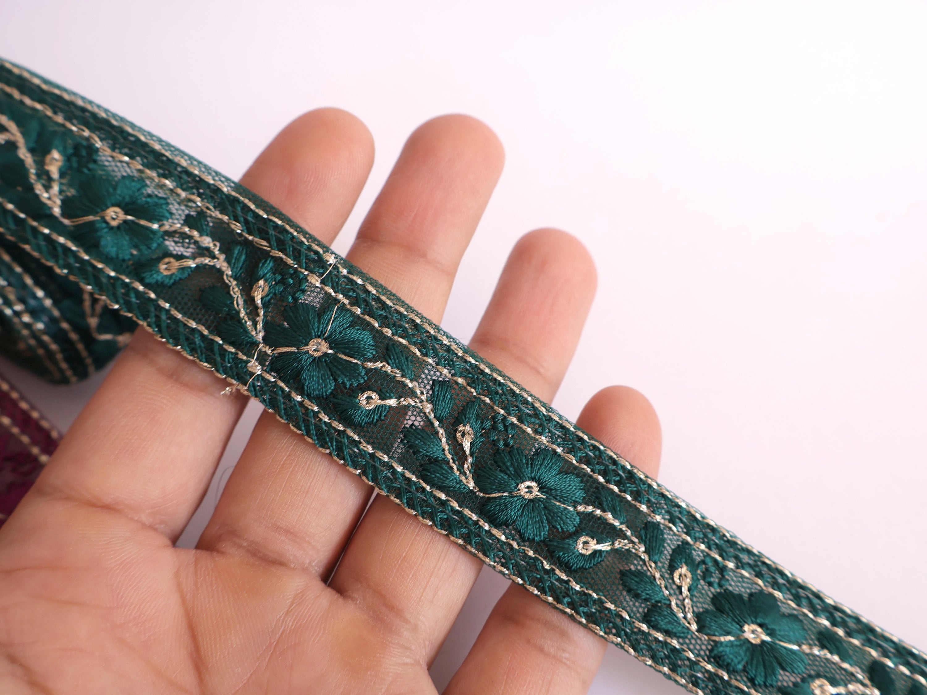 Floral Embroidered Sari Border Trim: Wine Purple & Emerald Green, 9 Yards