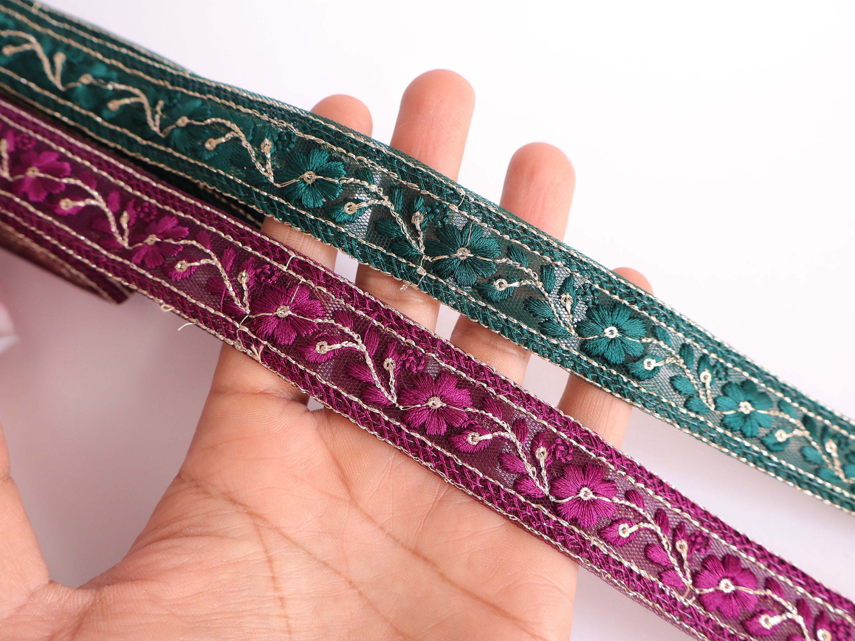 Floral Embroidered Sari Border Trim: Wine Purple & Emerald Green, 9 Yards