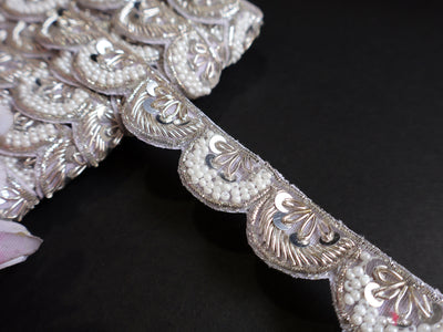 Silver Zardozi Embroidered Scallop Trim: Pearl Sari Lace (2.5 Cm)