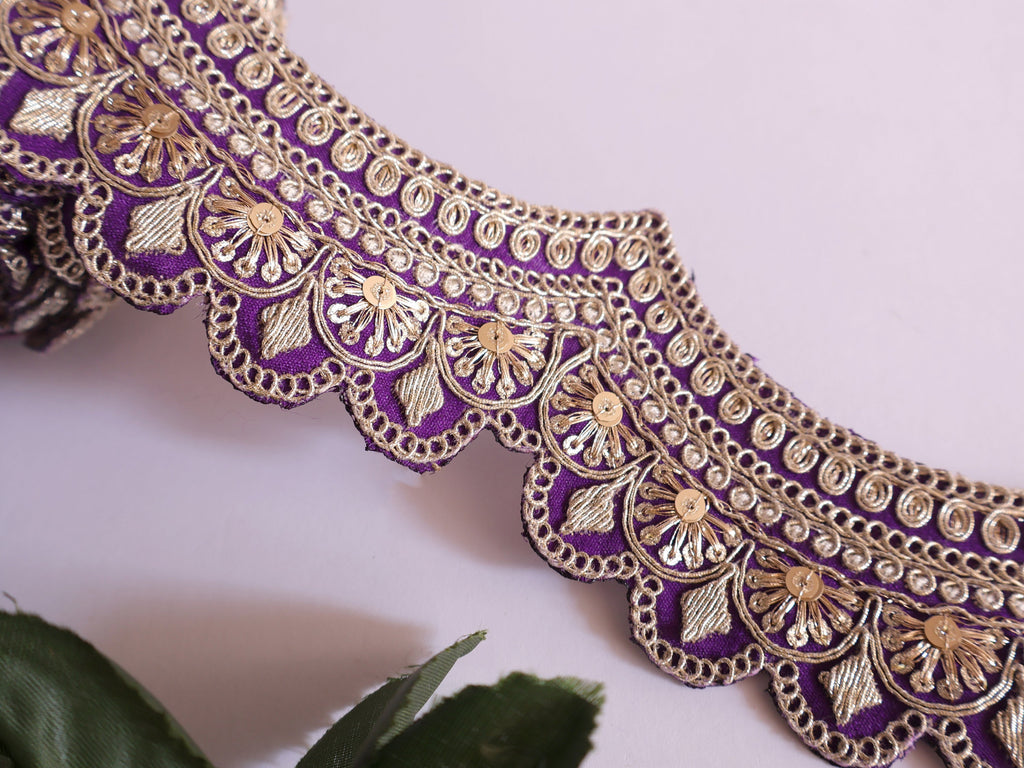 Purple & Gold Embroidered Sequin Lace: Scalloped Sari Border Trim
