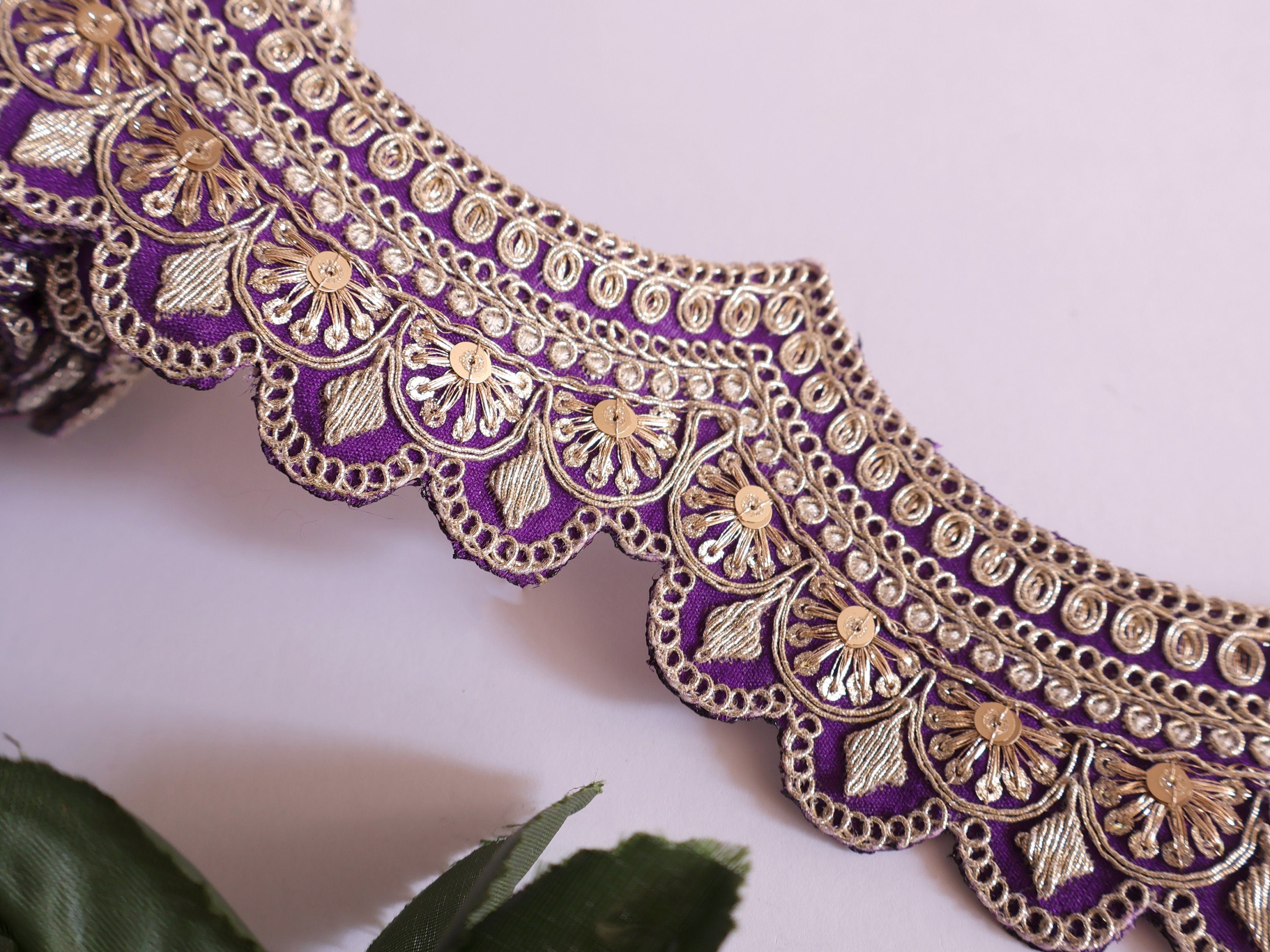 Purple & Gold Embroidered Sequin Lace: Scalloped Sari Border Trim