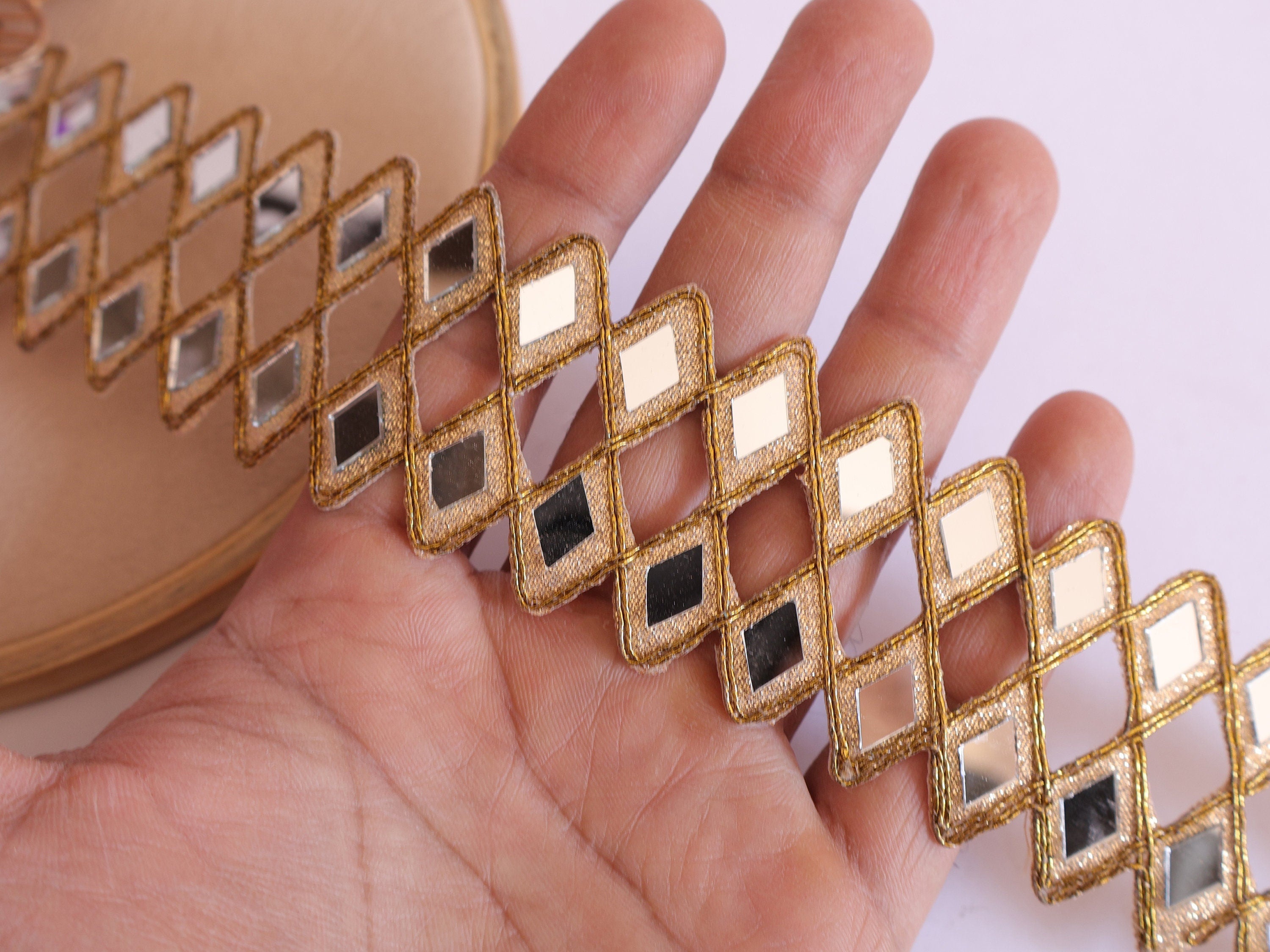 Antique Gold Mirror Cutwork Sari Trim: Indian Vine Lace Border