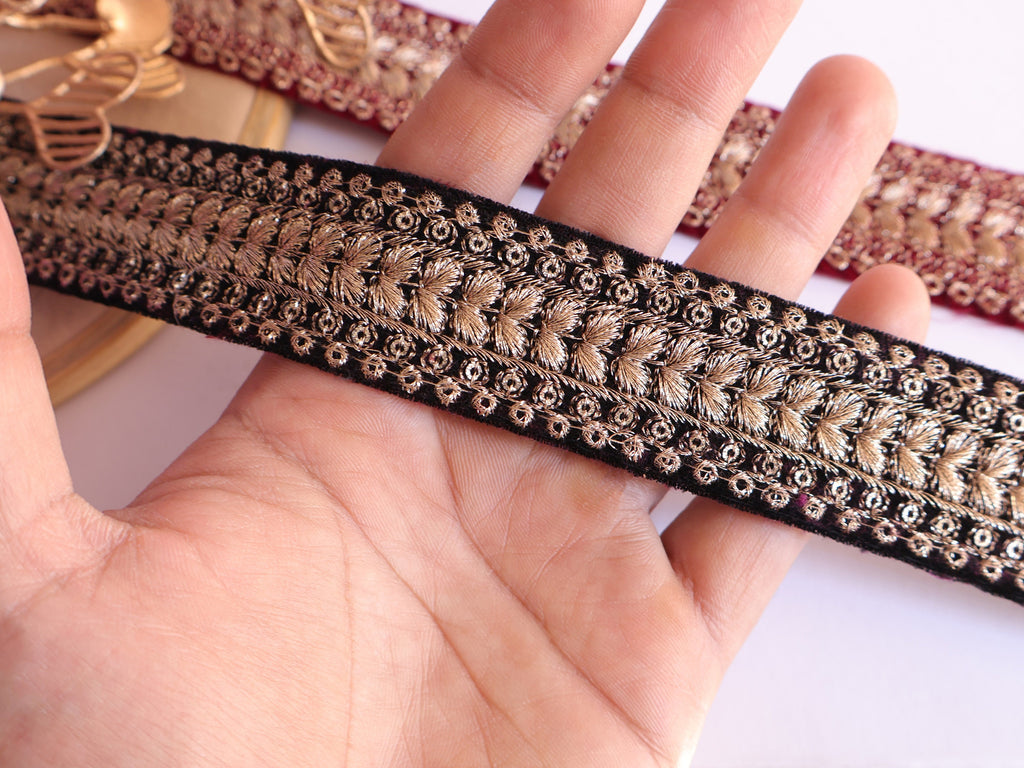 Red & Black Velvet Floral Lace Border: Gold Threadwork Sari Trim (3 Yards)