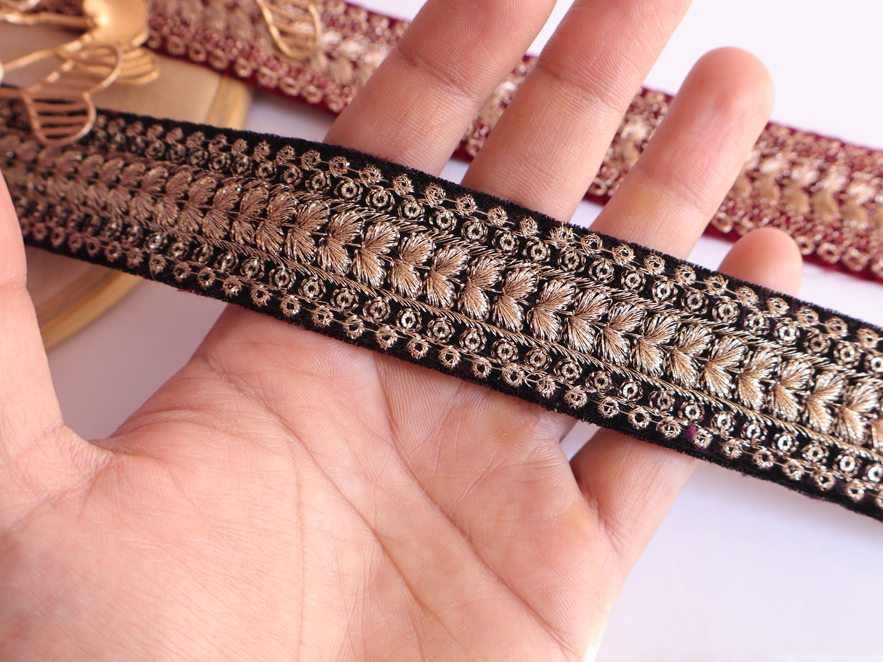 Red & Black Velvet Floral Lace Border: Gold Threadwork Sari Trim (3 Yards)