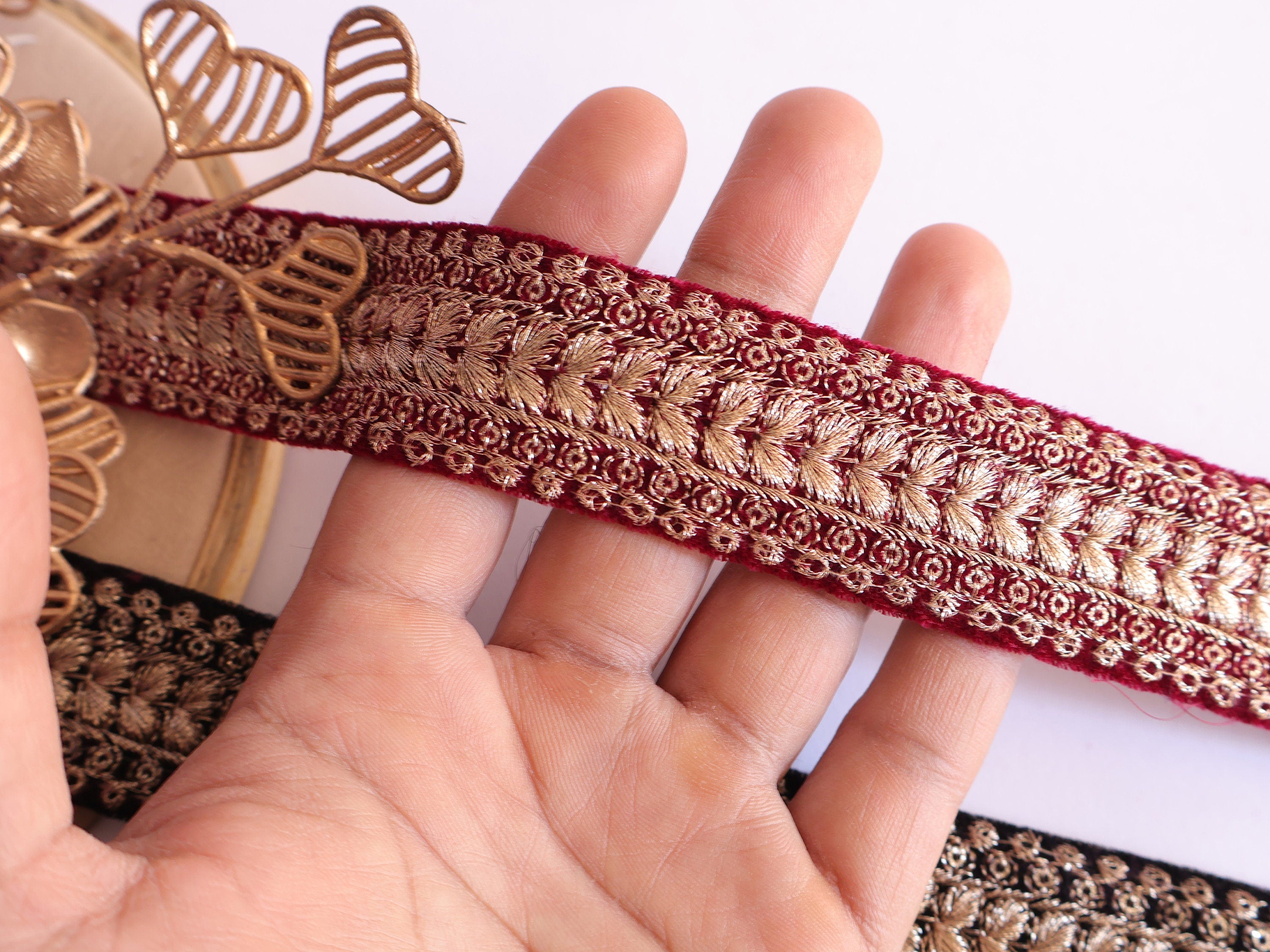 Red & Black Velvet Floral Lace Border: Gold Threadwork Sari Trim (3 Yards)