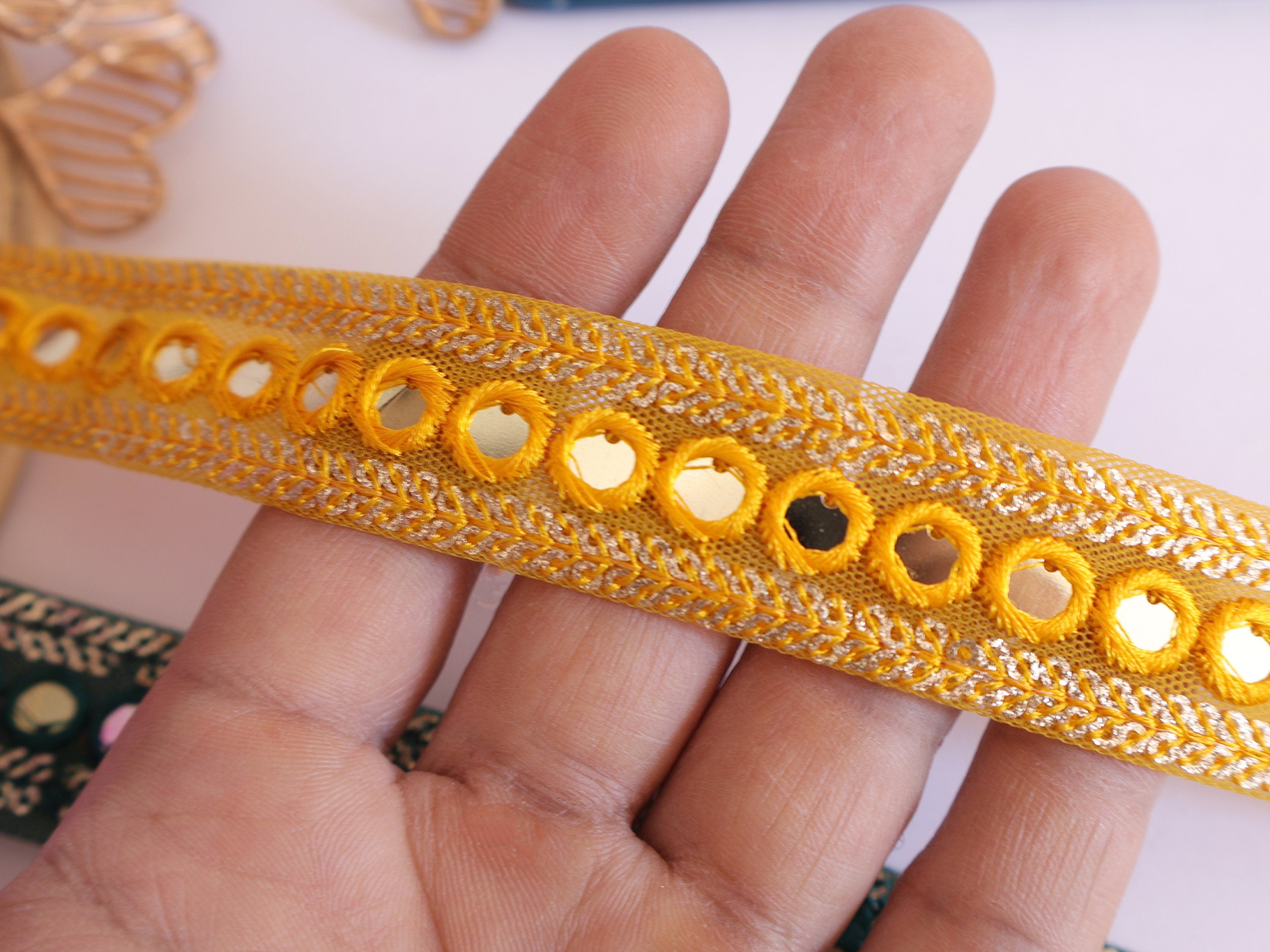 Sequin Trim Lace: Yellow & Green Embroidered Indian Ribbon, 9 Yards