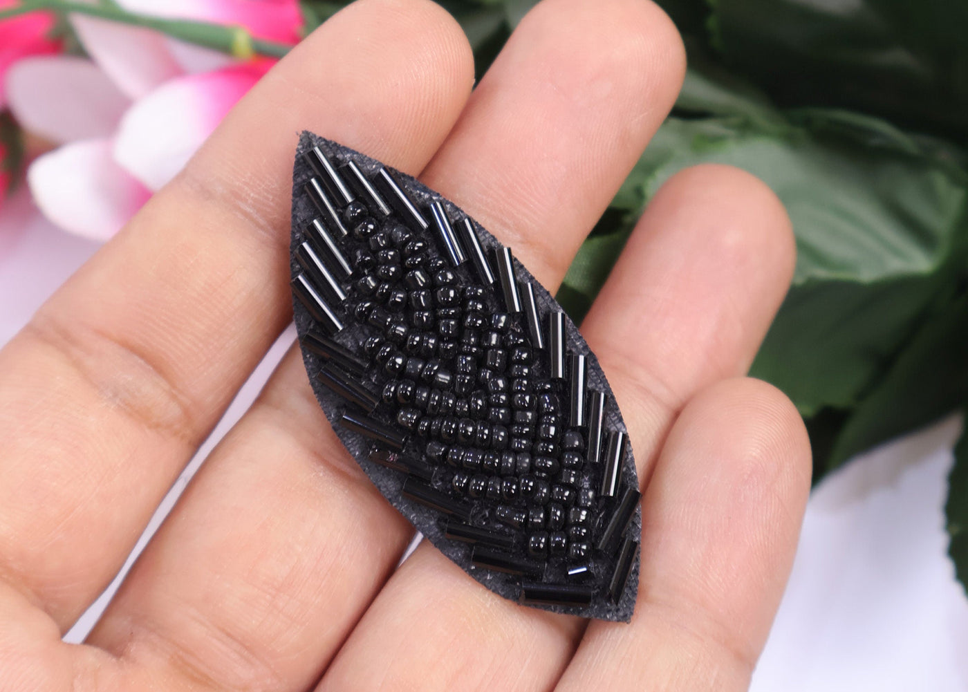 10 Pc - Black Beaded Leaf Applique Patches, Indian Decorative Patches
