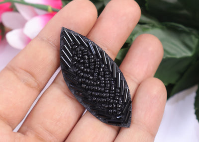 10 Pc - Black Beaded Leaf Applique Patches, Indian Decorative Patches