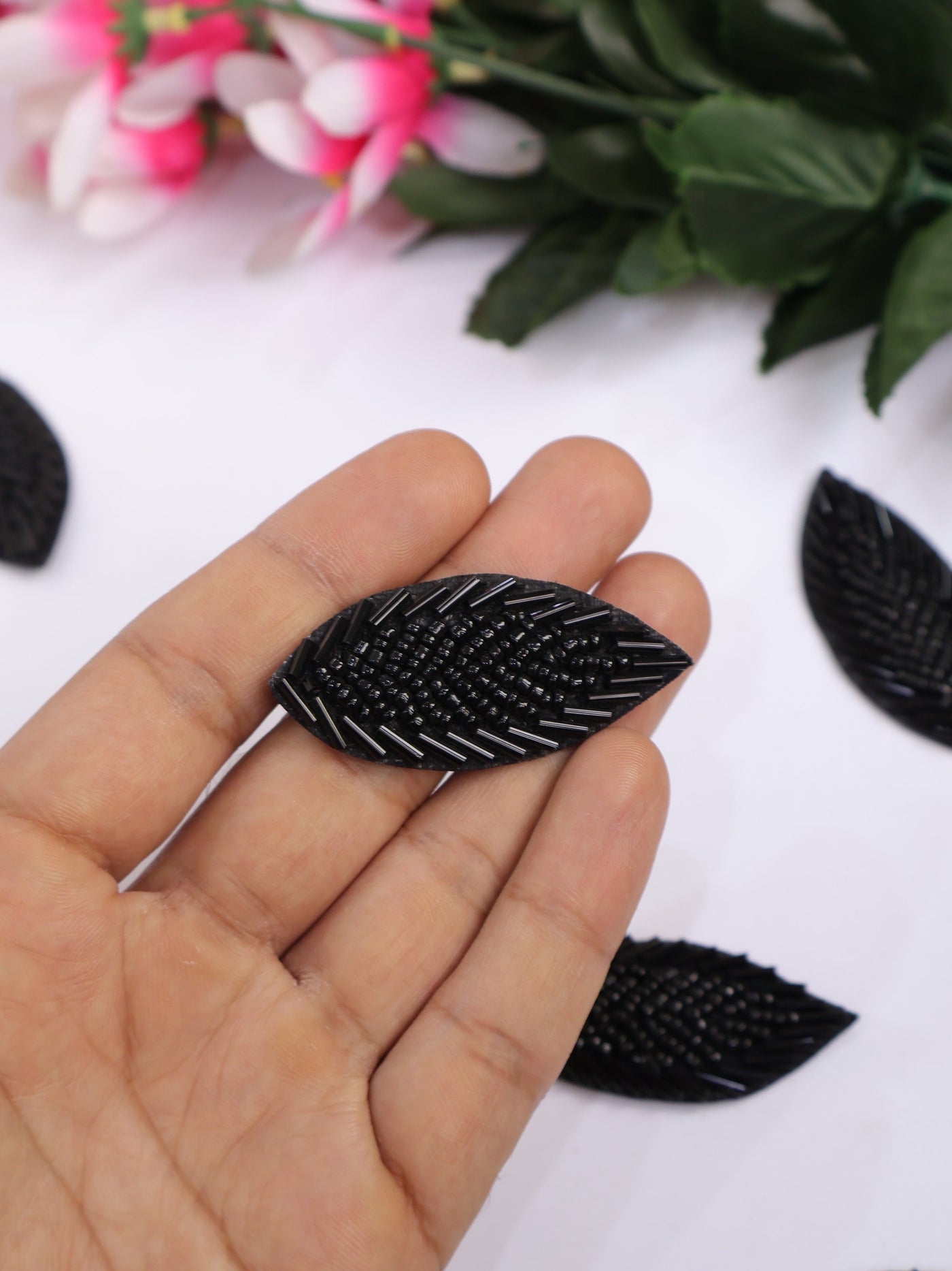 10 Pc - Black Beaded Leaf Applique Patches, Indian Decorative Patches