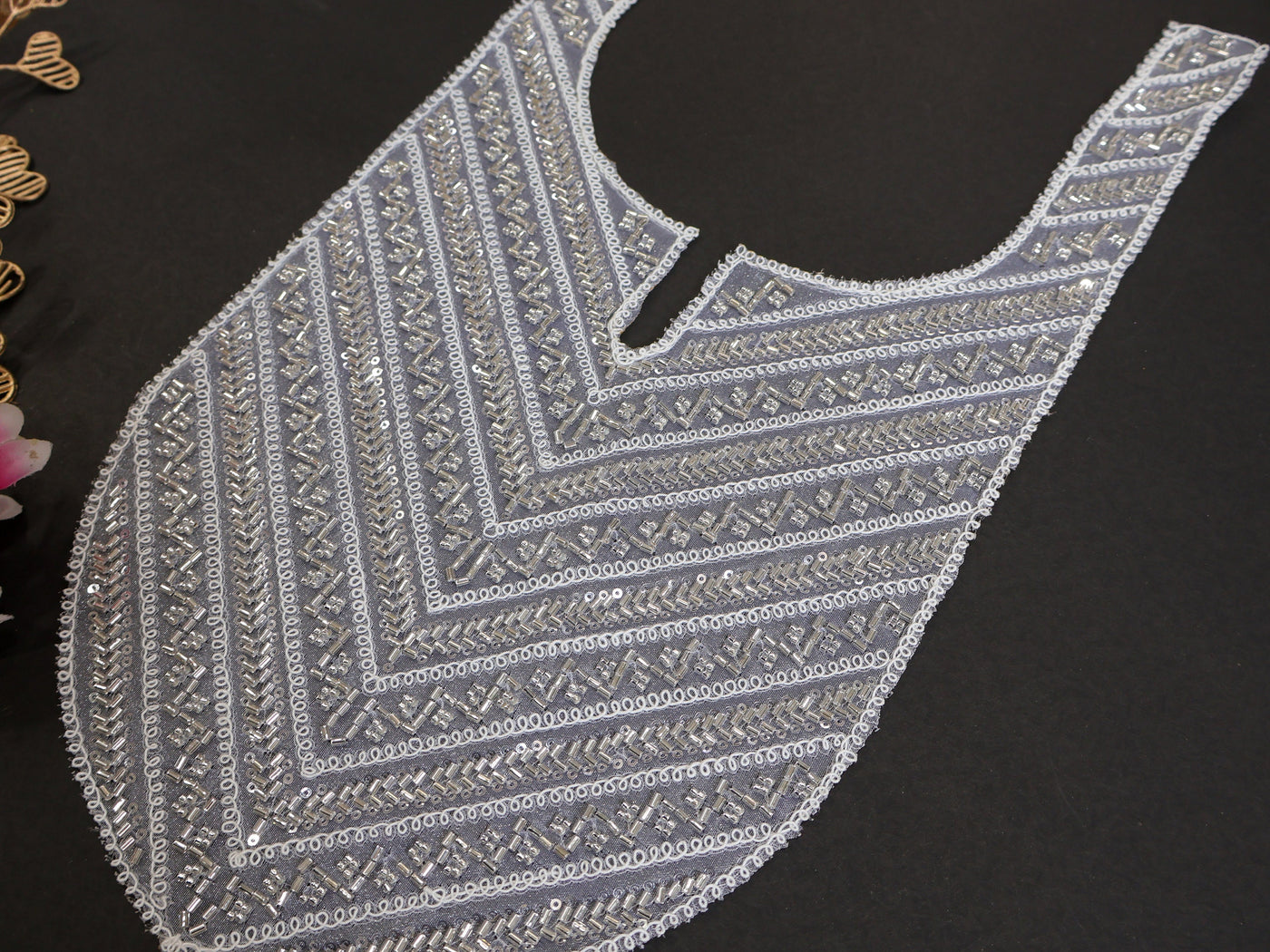 Silver Sequin Embroidered Neckline Patch: Handcrafted Indian Applique