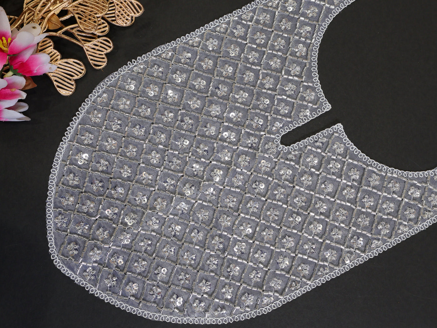 Silver Sequin Embroidered Neckline Patch: Indian Applique