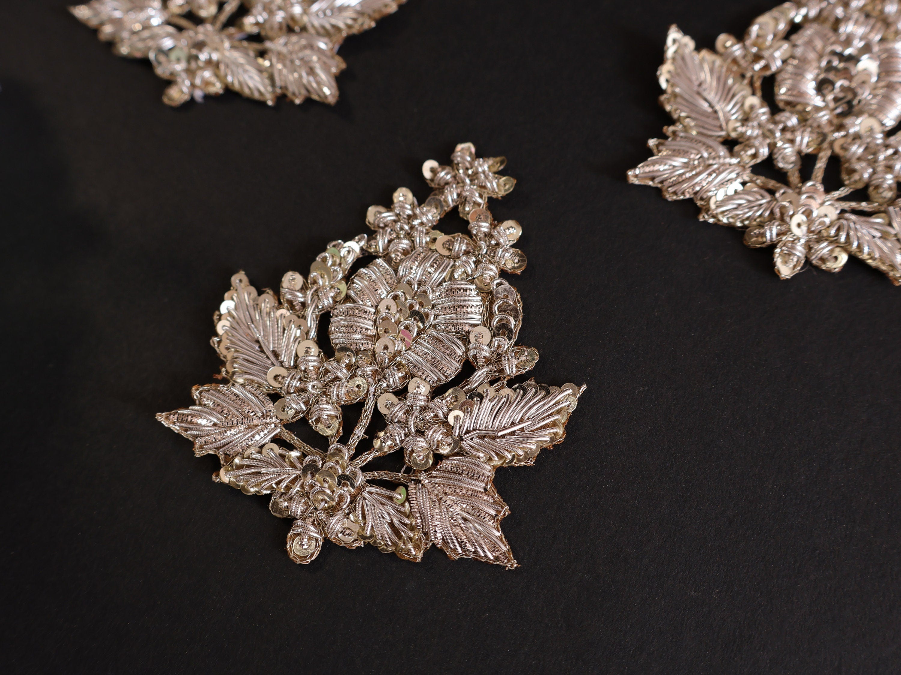 Gold Zardozi Embroidered Applique Patches: Indian Beaded Floral Embellishments (Set of 4)