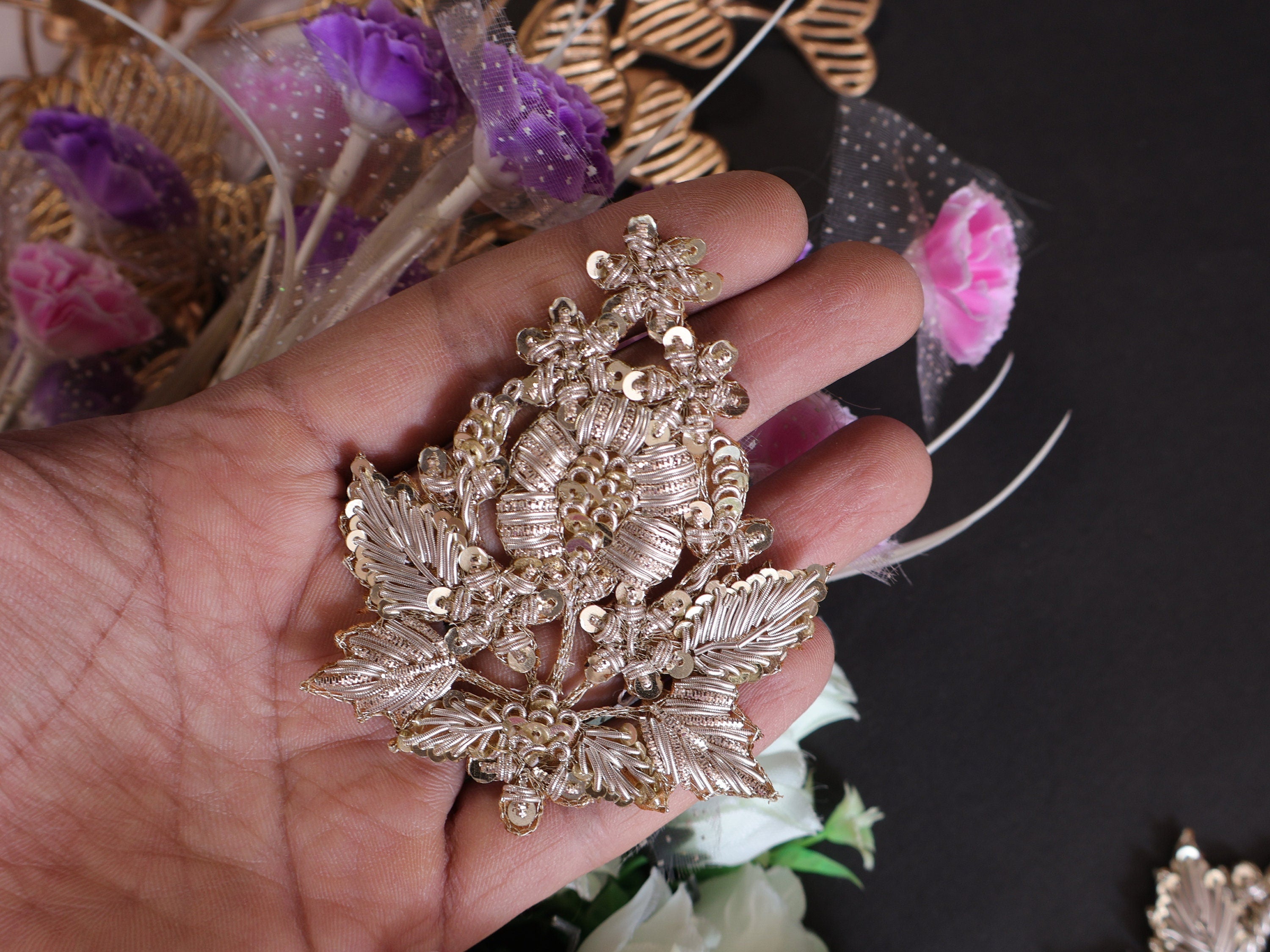Gold Zardozi Embroidered Applique Patches: Indian Beaded Floral Embellishments (Set of 4)