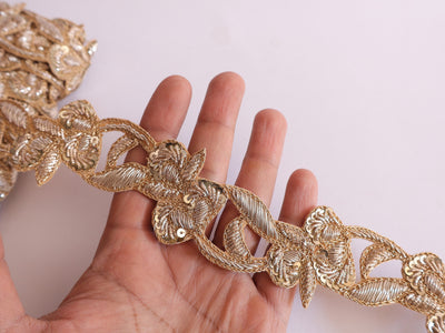 Golden Zardozi Hand Embroidered Trim Lace 3.5 Cm Wide - 1 Yard