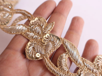 Golden Zardozi Hand Embroidered Trim Lace 3.5 Cm Wide - 1 Yard