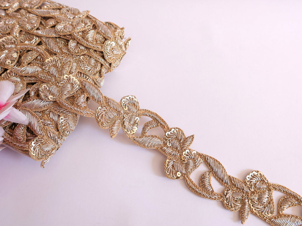 Golden Zardozi Embroidered Braid Trim: Indian Sari Lace, 3.5cm Wide