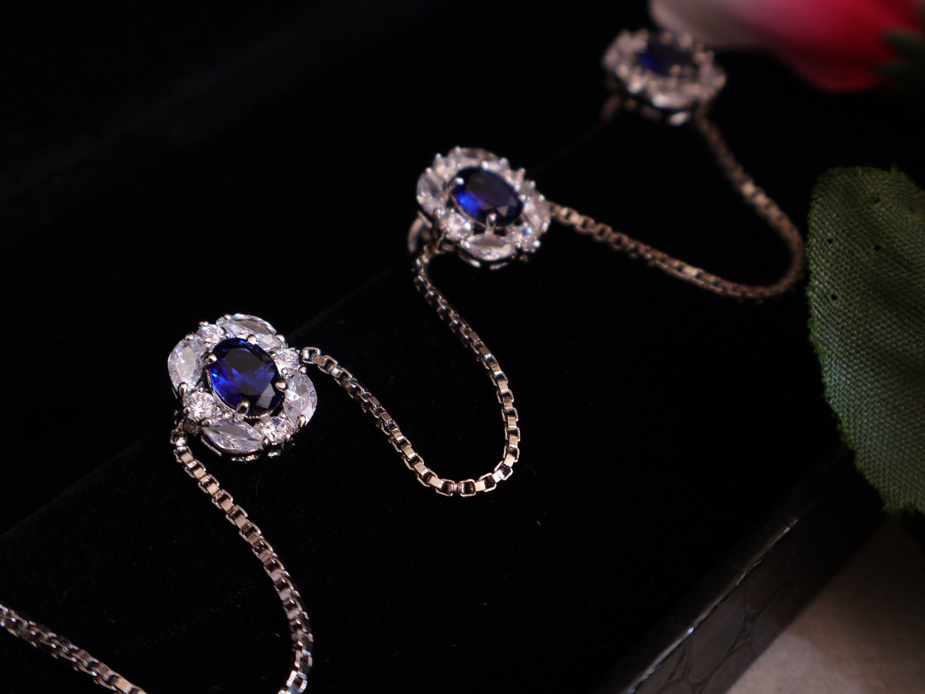 Sapphire Blue Crystal Kurta Buttons with Silver Chain - Set of 4