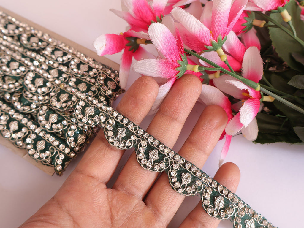 Rama Green Scalloped Zircon Zari Trim: Indian Sari Border Lace (9 Yards)