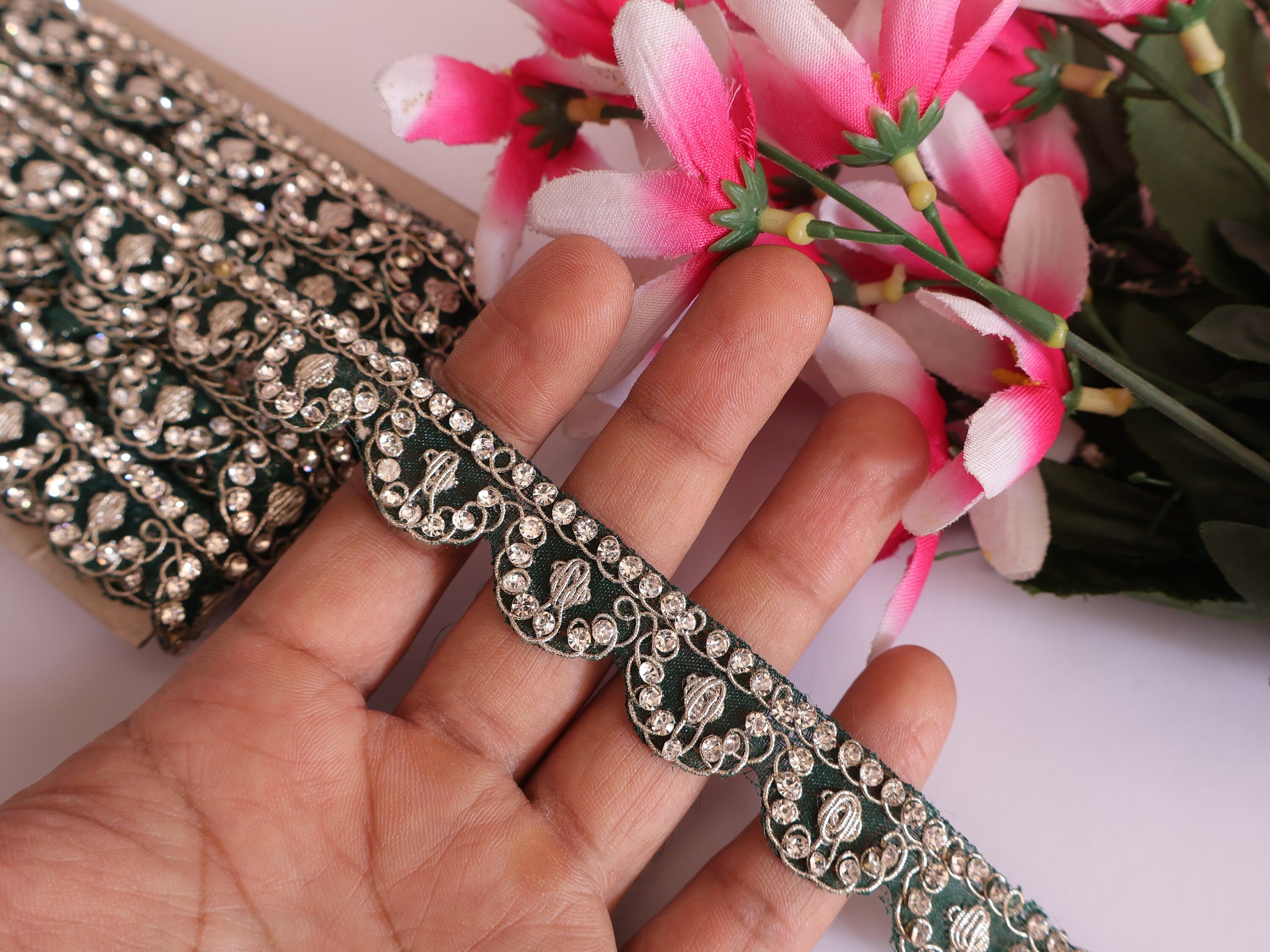 Rama Green Scalloped Zircon Zari Trim: Indian Sari Border Lace (9 Yards)