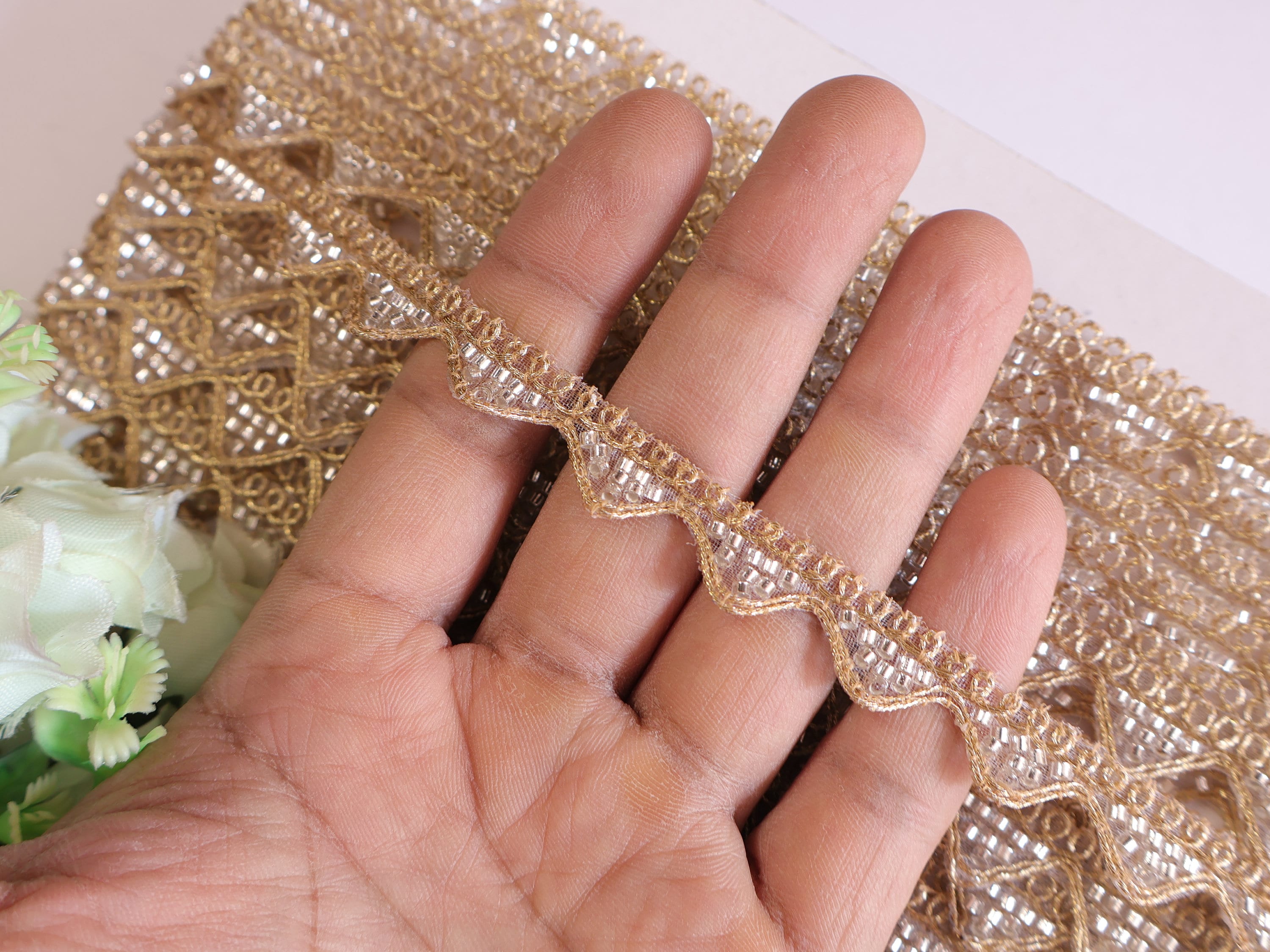 Gold Zari Glass Beaded Ribbon Trim: Indian Sari Border, 2cm Wide