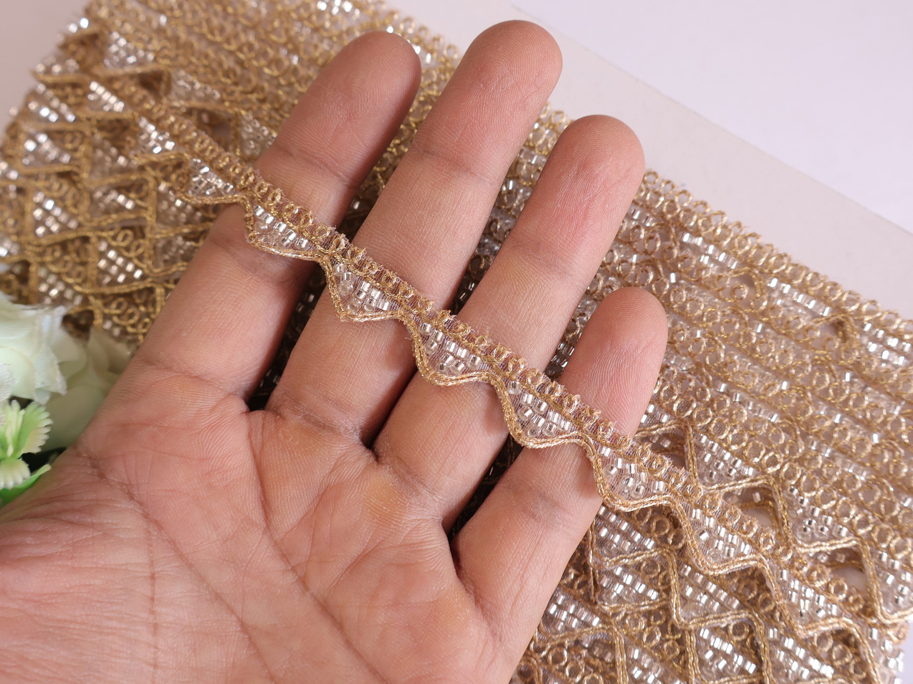 Gold Zari Glass Beaded Ribbon Trim: Indian Sari Border, 2cm Wide