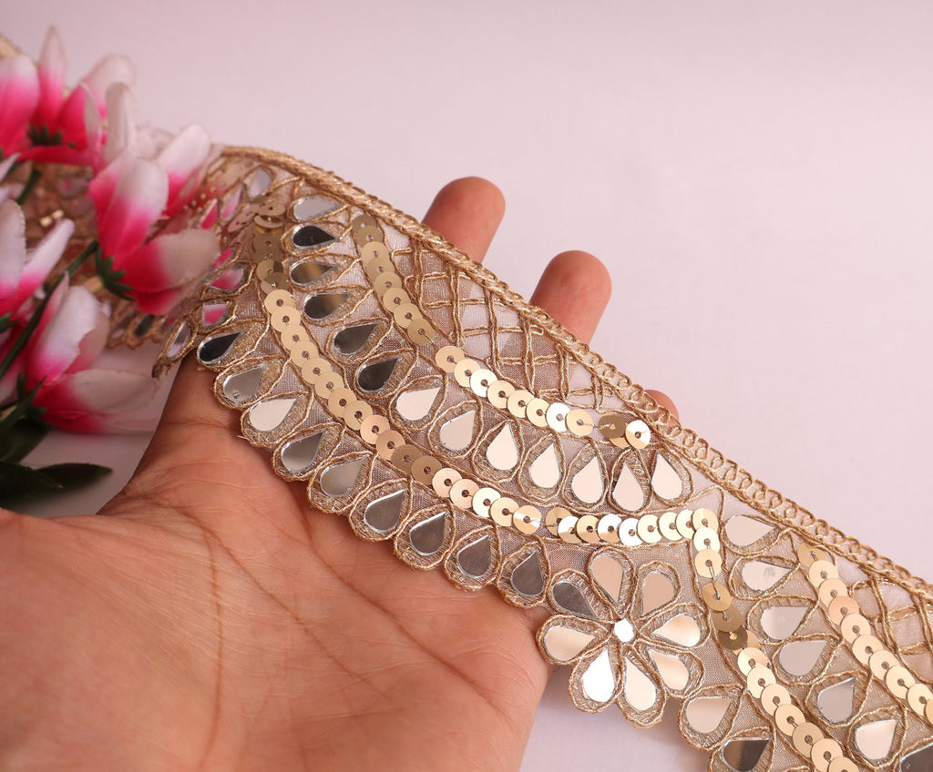 Golden Sequin Mirror Sari Border: Indian Wedding Trim, 7cm Wide